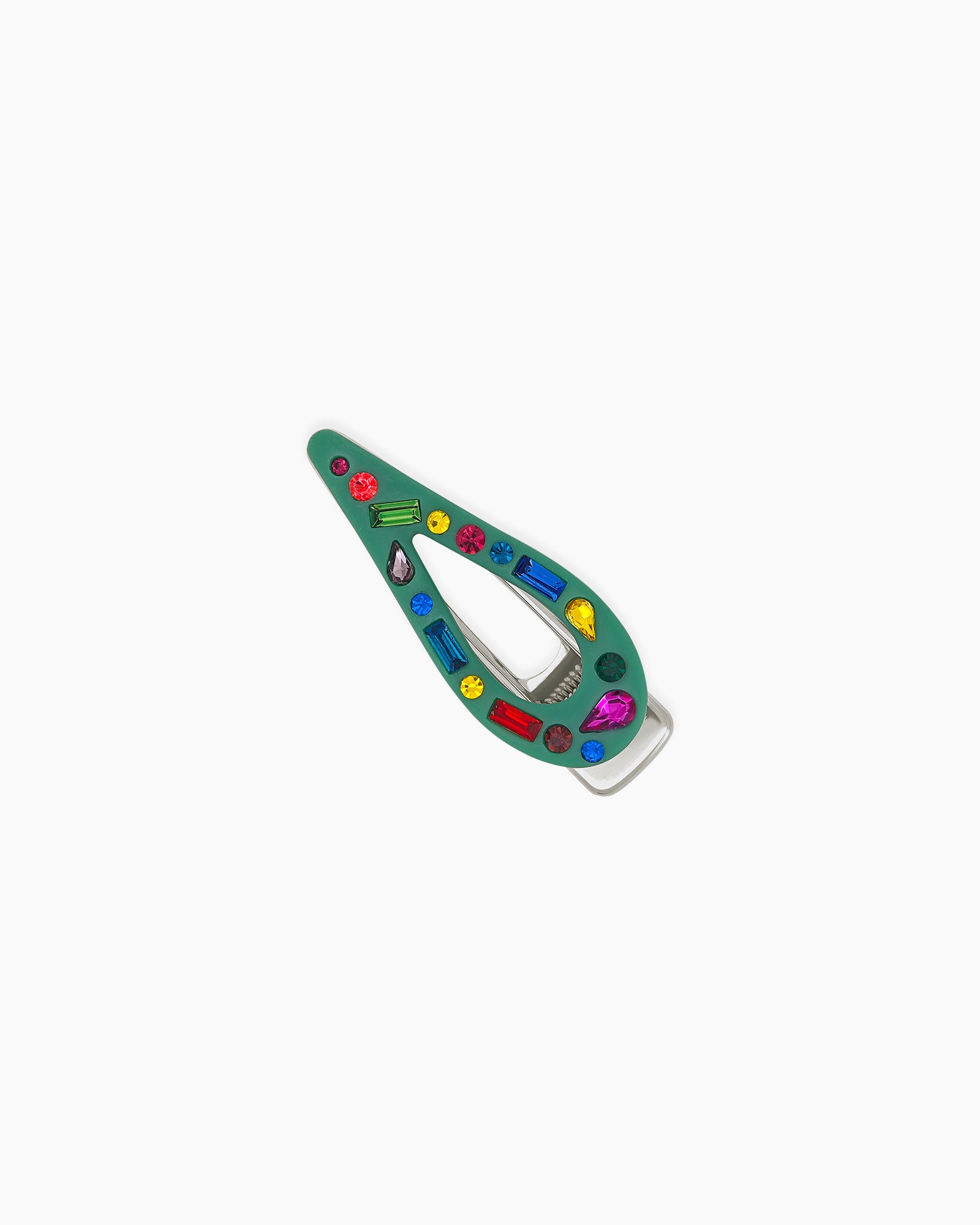A green hair clip with a teardrop-shaped resin top adorned with multicolored crystals in playful cuts