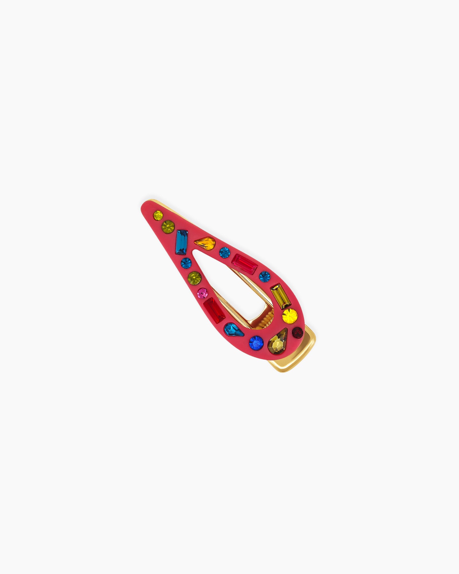 A pink hair clip with a teardrop-shaped resin top adorned with multicolored crystals in playful cuts