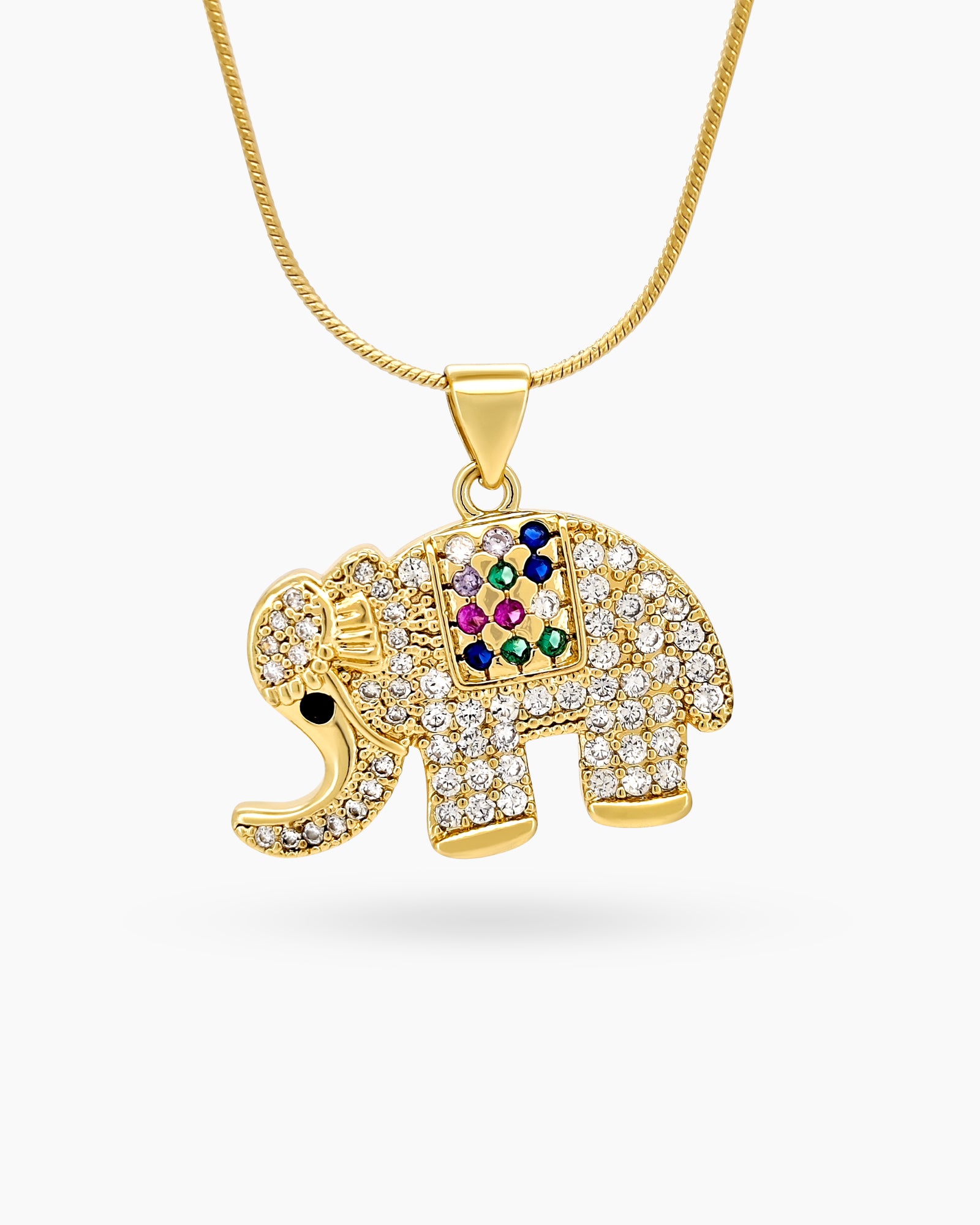 A necklace with a sparkling elephant pendant adorned with pavé zircons on a sleek gold-tone snake chain