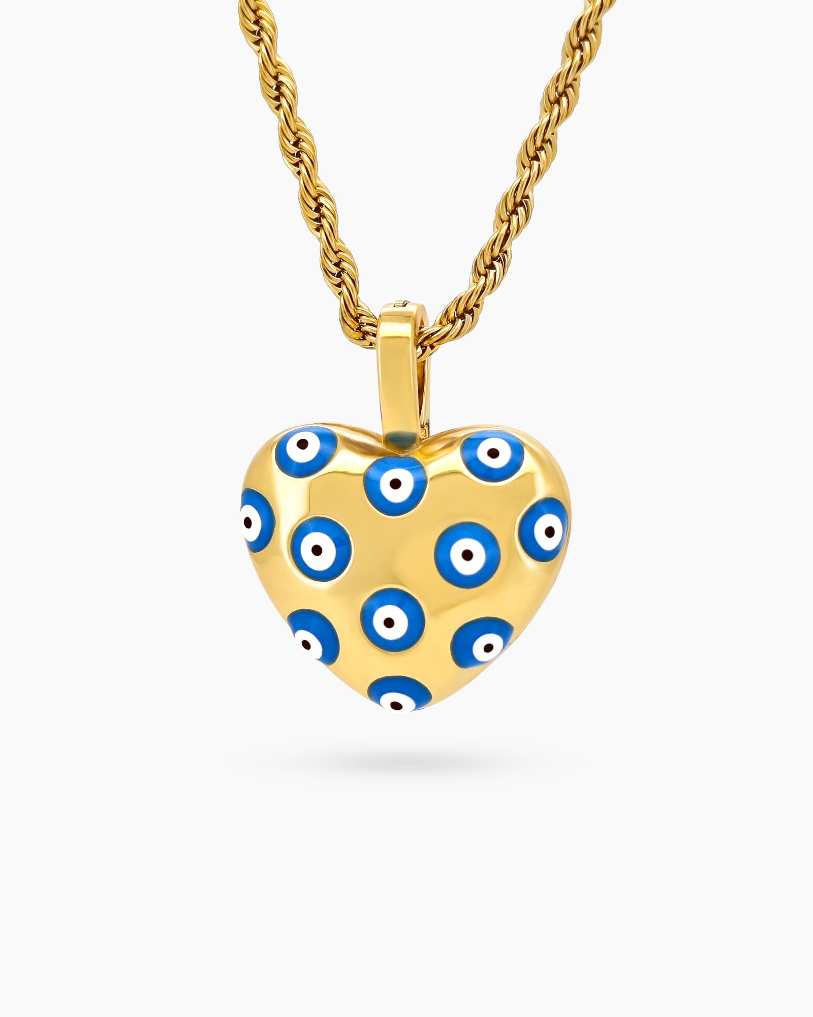 A gold-tone necklace with a puffy heart pendant adorned with blue and white evil eye motifs