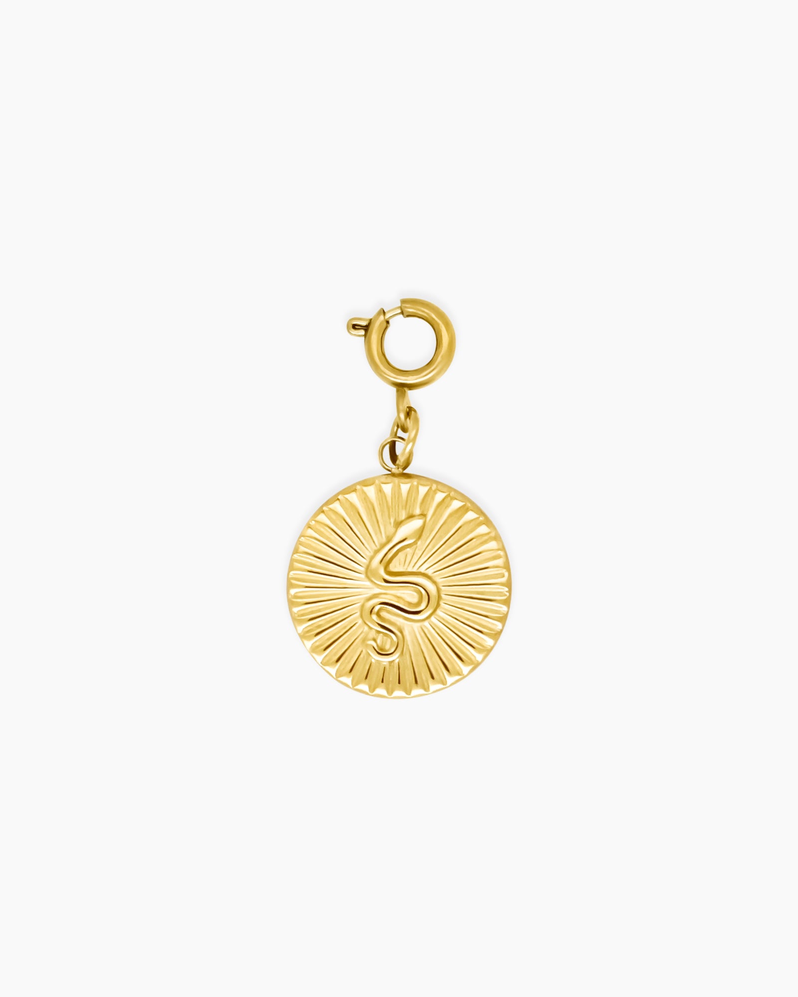 A gold medallion pendant engraved with a sinuous snake over sunburst detailing for a symbolic touch