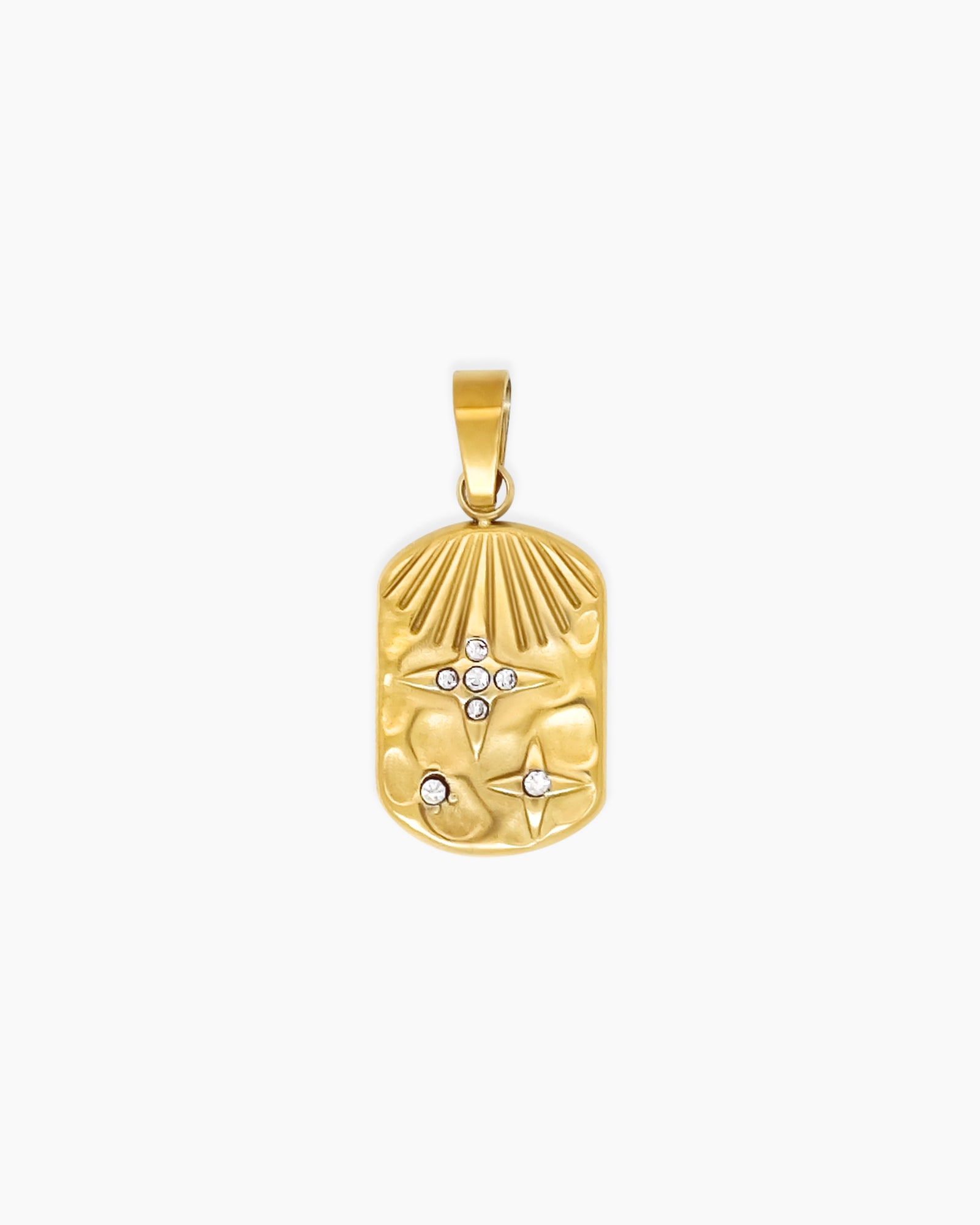 An oval pendant with sculpted starbursts, glimmering crystal accents, and a radiant sunbeam motif