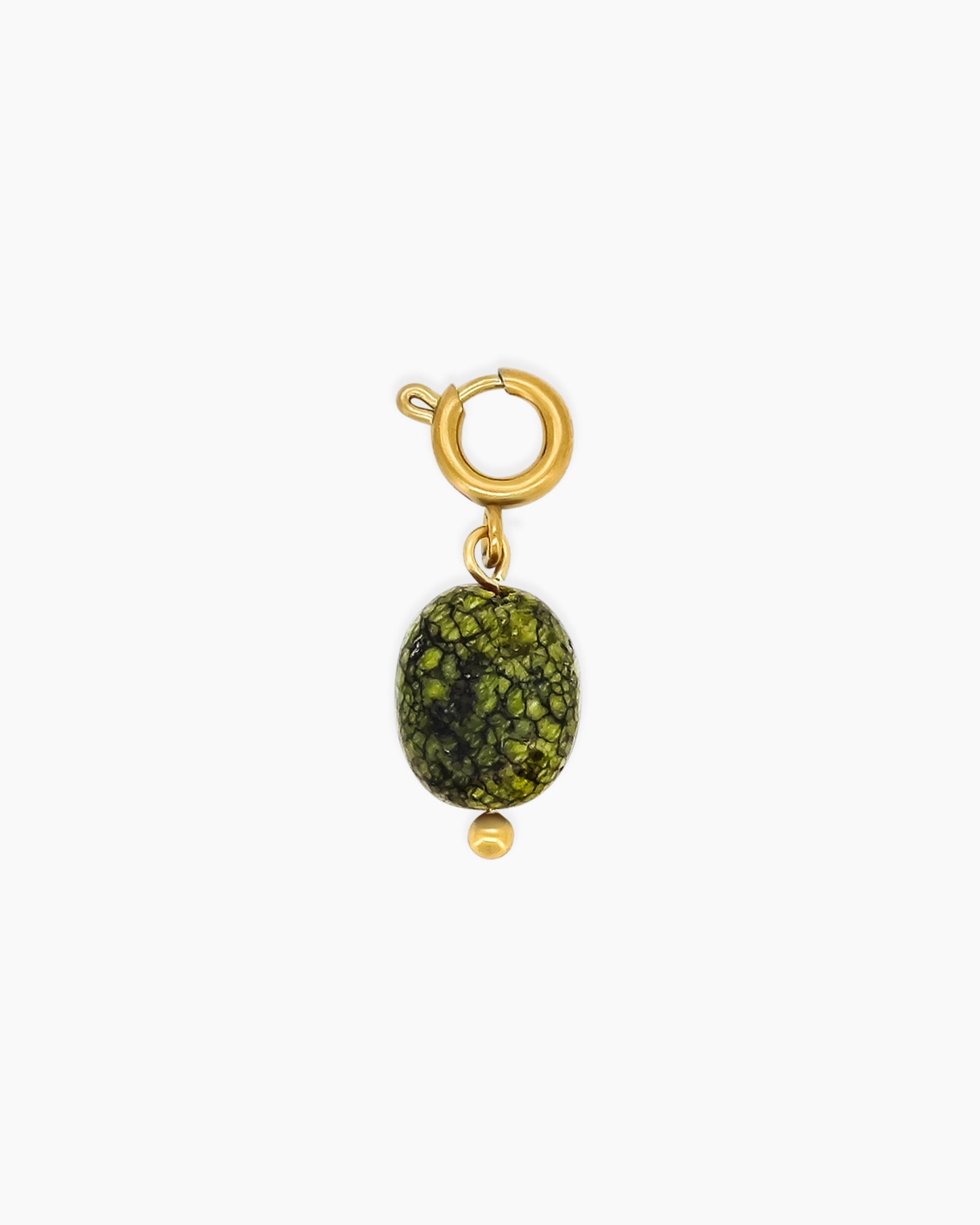 A pendant of natural african pine stone suspended from a polished gold-tone spring clasp