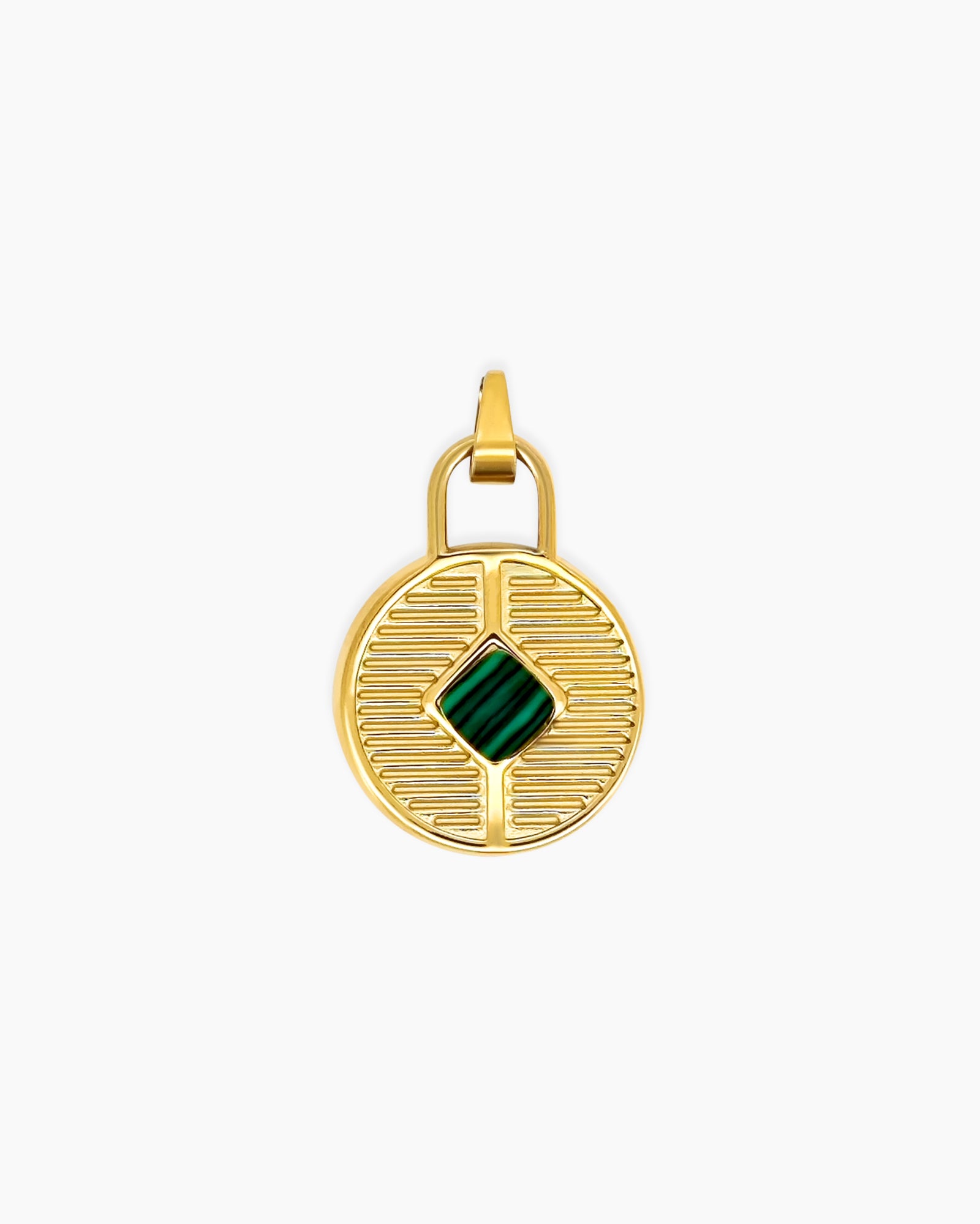 A pendant with a ridged gold disc and a polished diamond-shaped malachite inlay