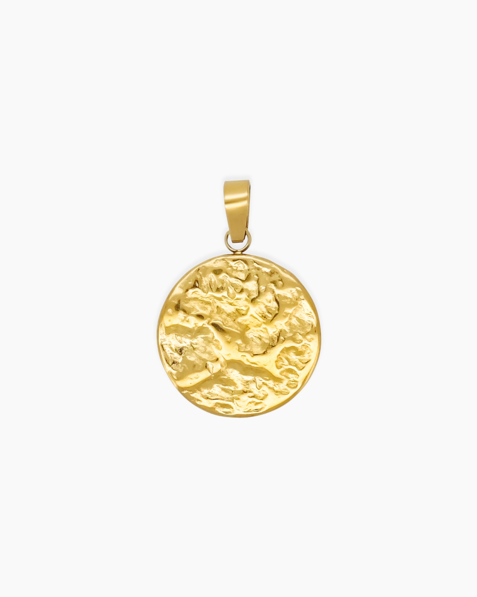 A pendant with a molten gold surface that mimics the raw, organic patterns of lunar terrain