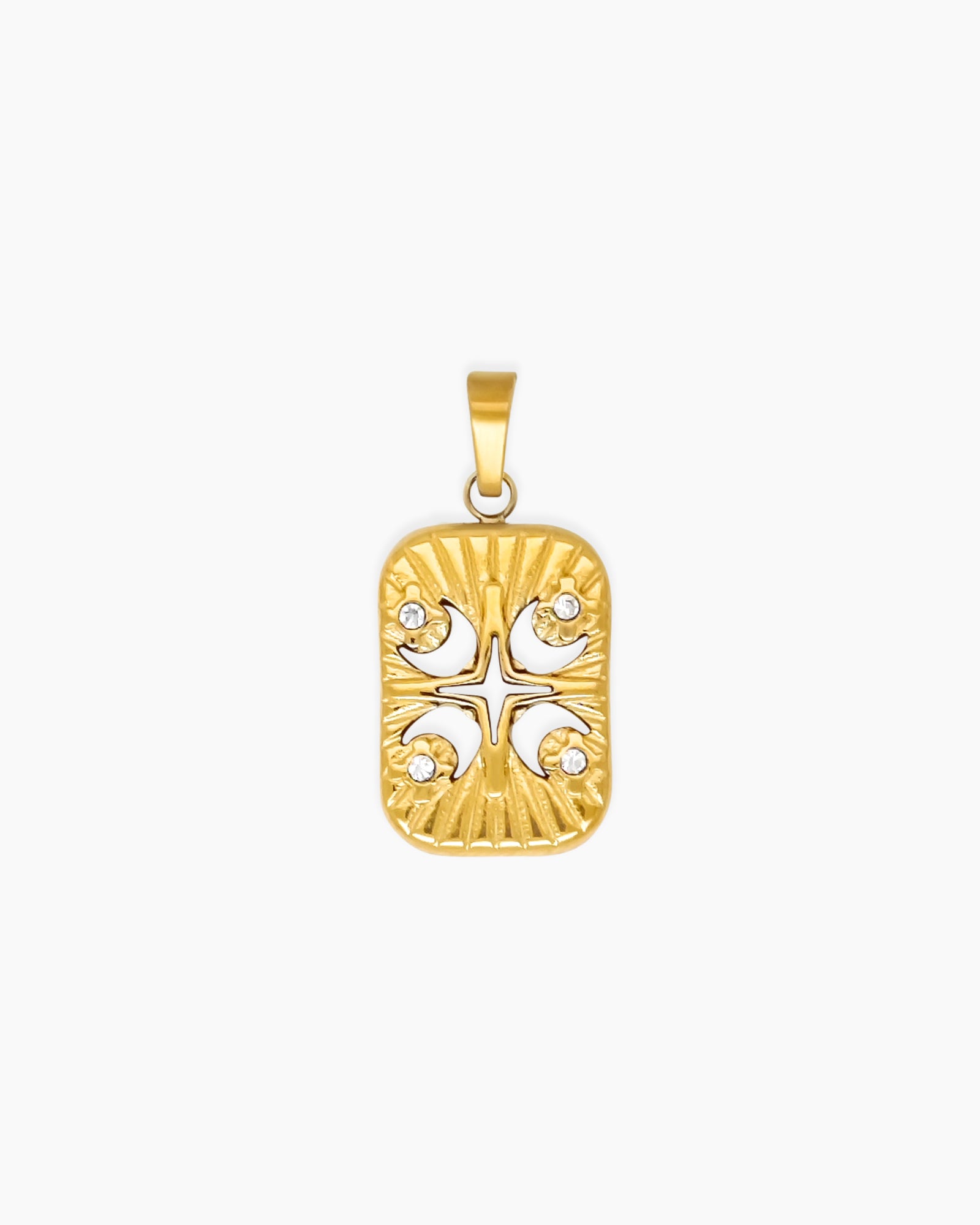 A rectangular pendant with precision-cut starburst and crescent moon motifs in an openwork design