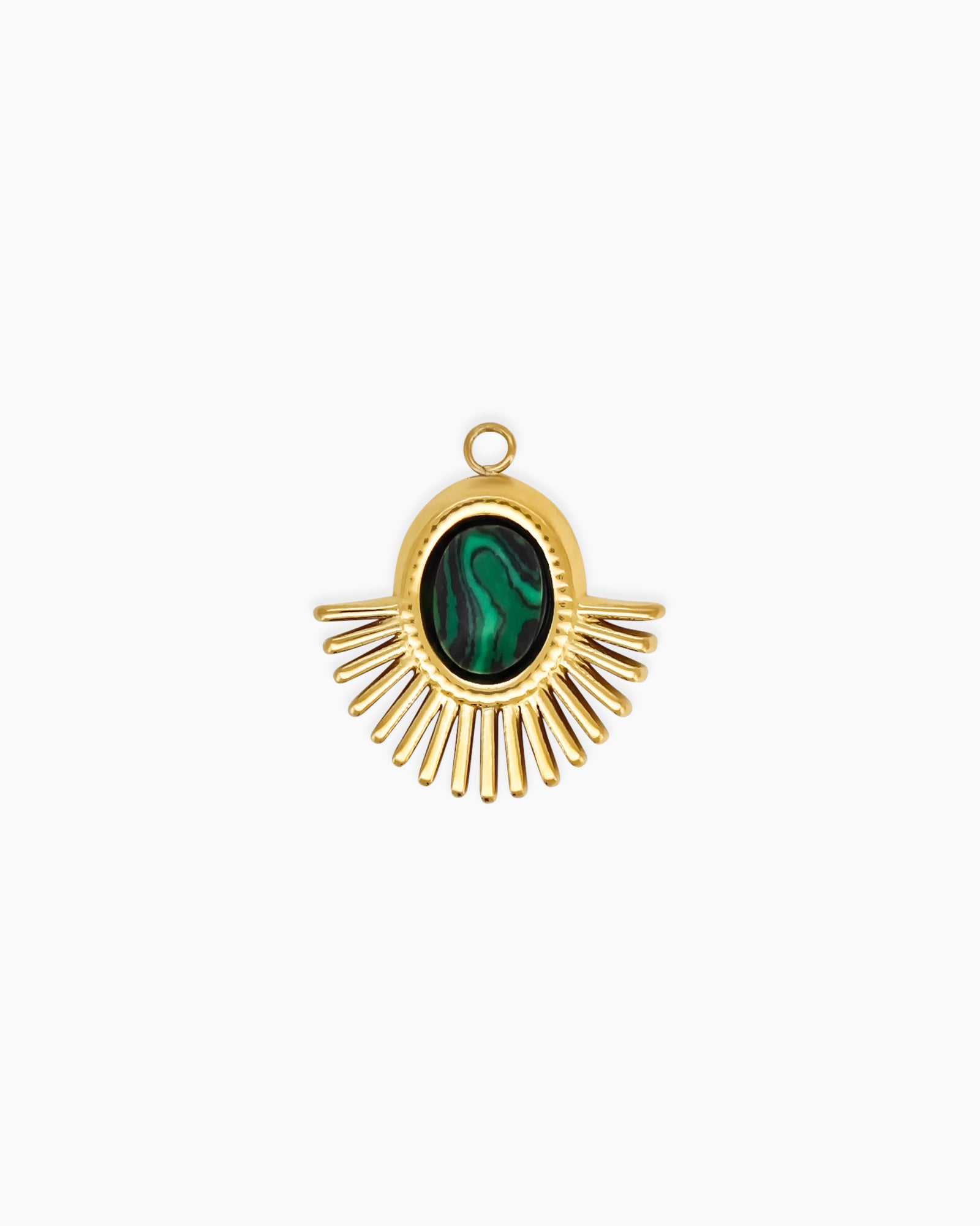 A pendant with a genuine malachite stone, cradled in a radiant fan of golden rays for a symbolic look