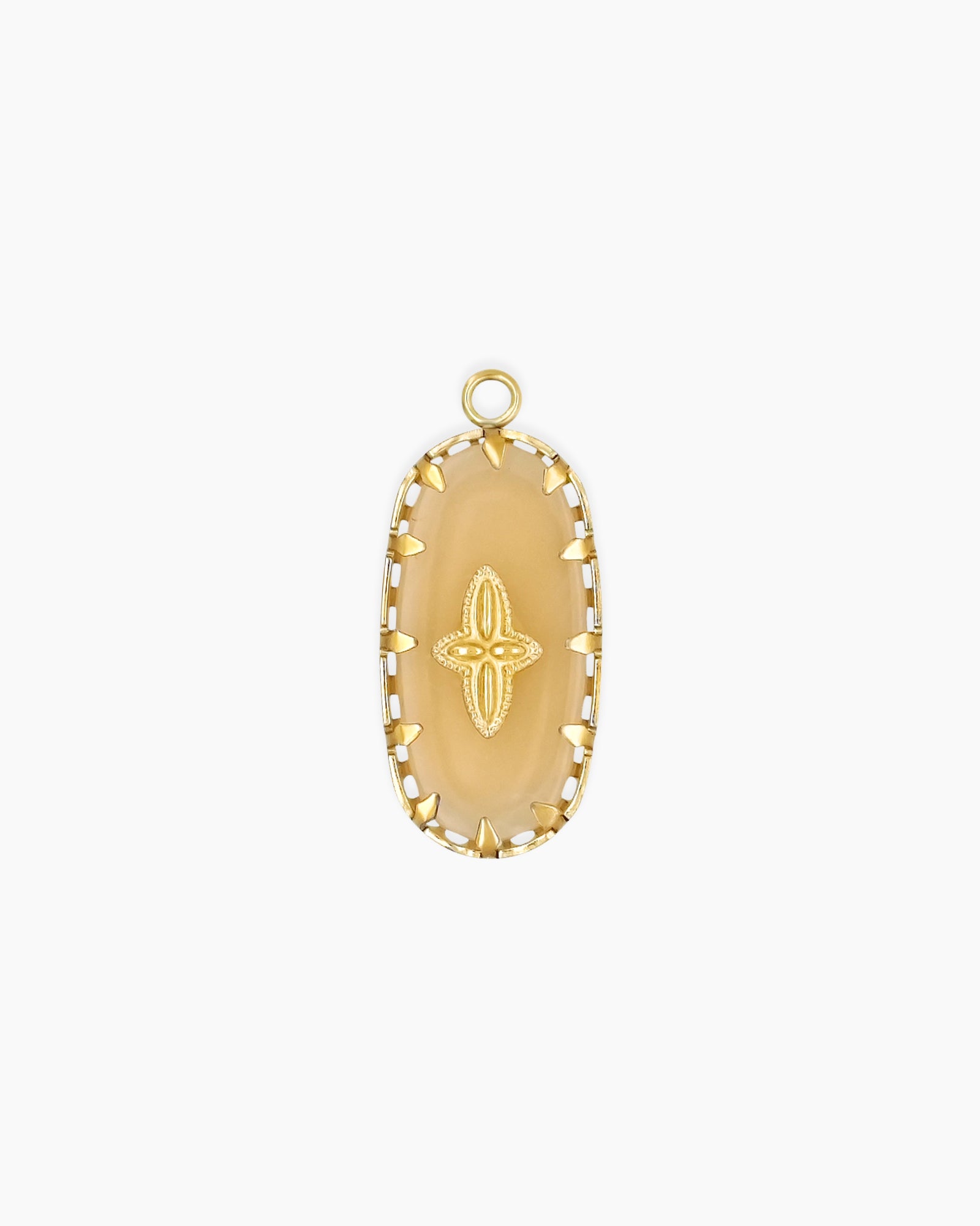 An oval pendant with a soft, translucent creamy beige stone in a finely detailed golden setting