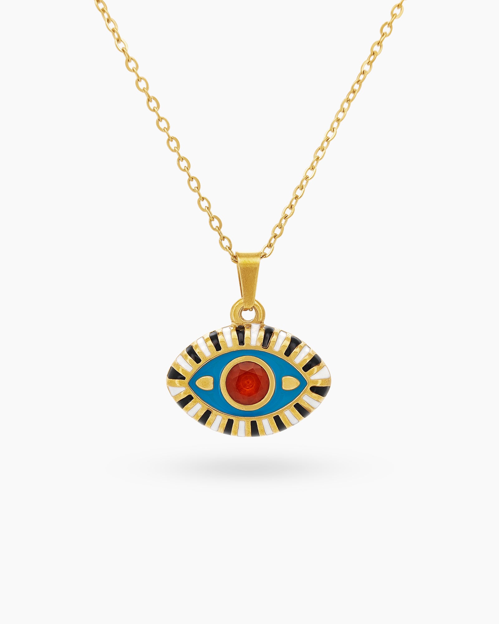 A modern talisman necklace with an eye-shaped pendant in vivid blue-pink enamel and a vibrant rhinestone