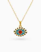 A modern talisman necklace with an eye-shaped pendant in vivid blue-pink enamel and a vibrant rhinestone