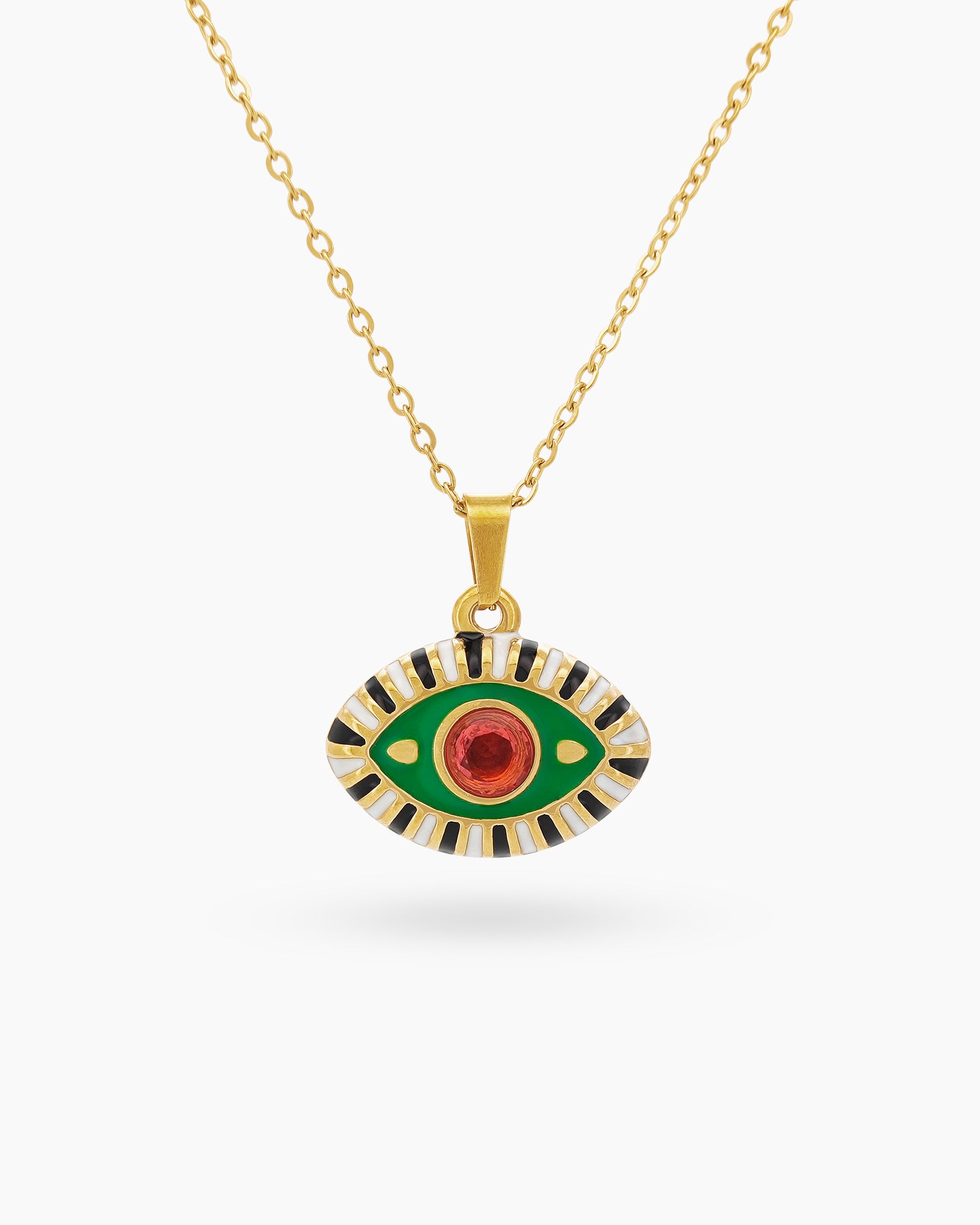 A modern talisman necklace with an eye-shaped pendant in vivid green-pink enamel and a vibrant rhinestone