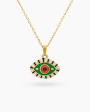 A modern talisman necklace with an eye-shaped pendant in vivid green-pink enamel and a vibrant rhinestone