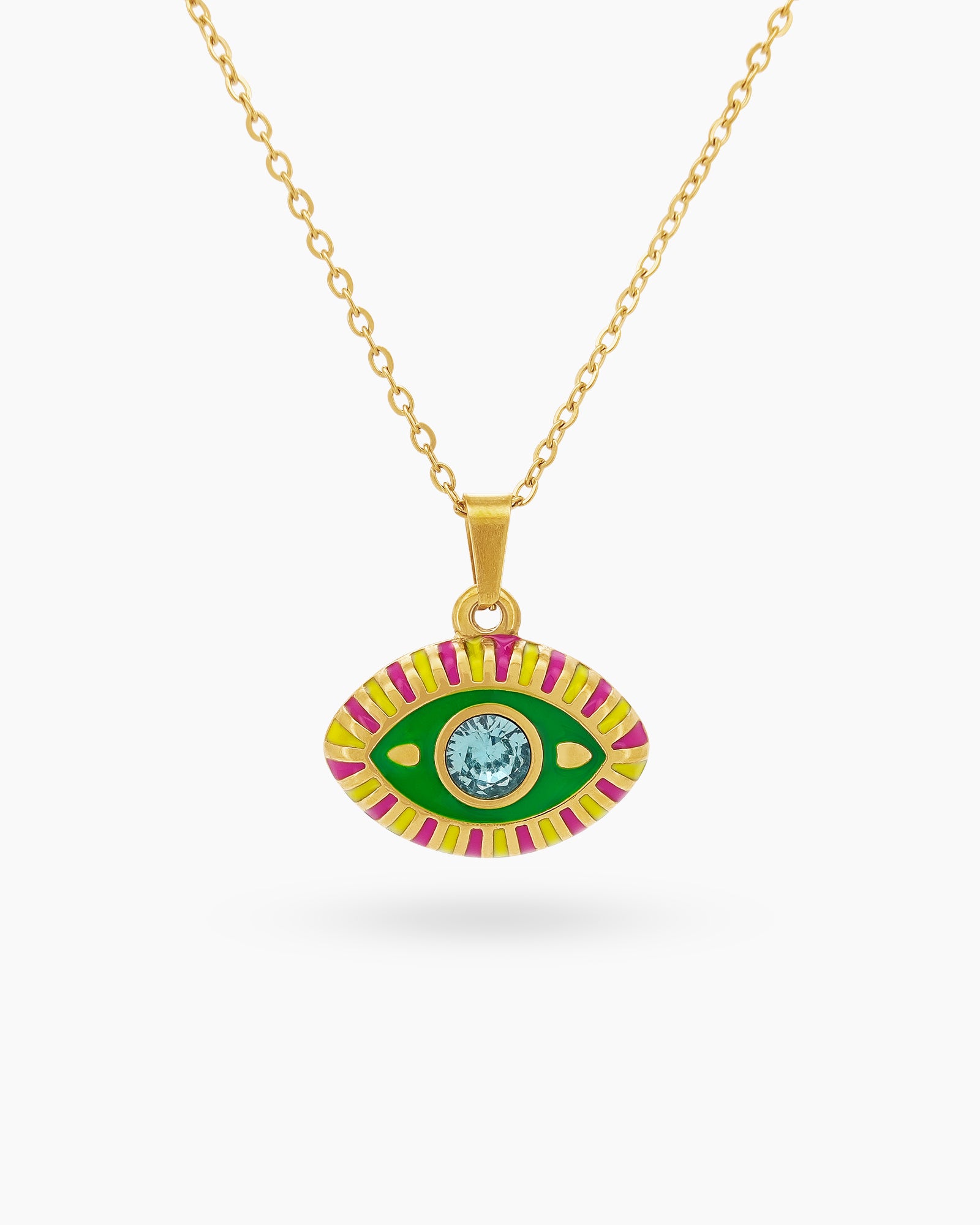 A modern talisman necklace with an eye-shaped pendant in vivid light-green-white enamel and a vibrant rhinestone