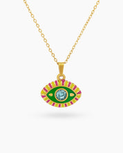 A modern talisman necklace with an eye-shaped pendant in vivid light-green-white enamel and a vibrant rhinestone