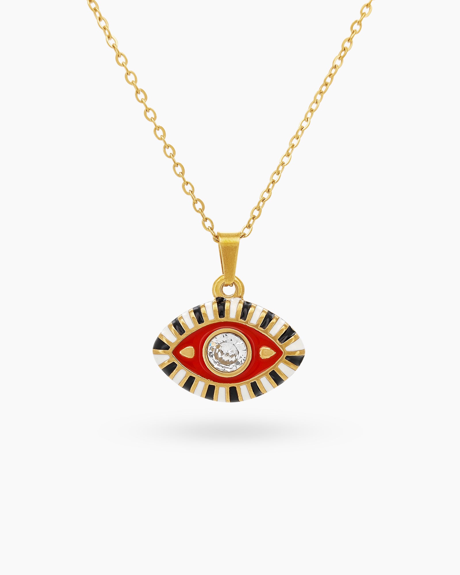 A modern talisman necklace with an eye-shaped pendant in vivid red-white enamel and a vibrant rhinestone
