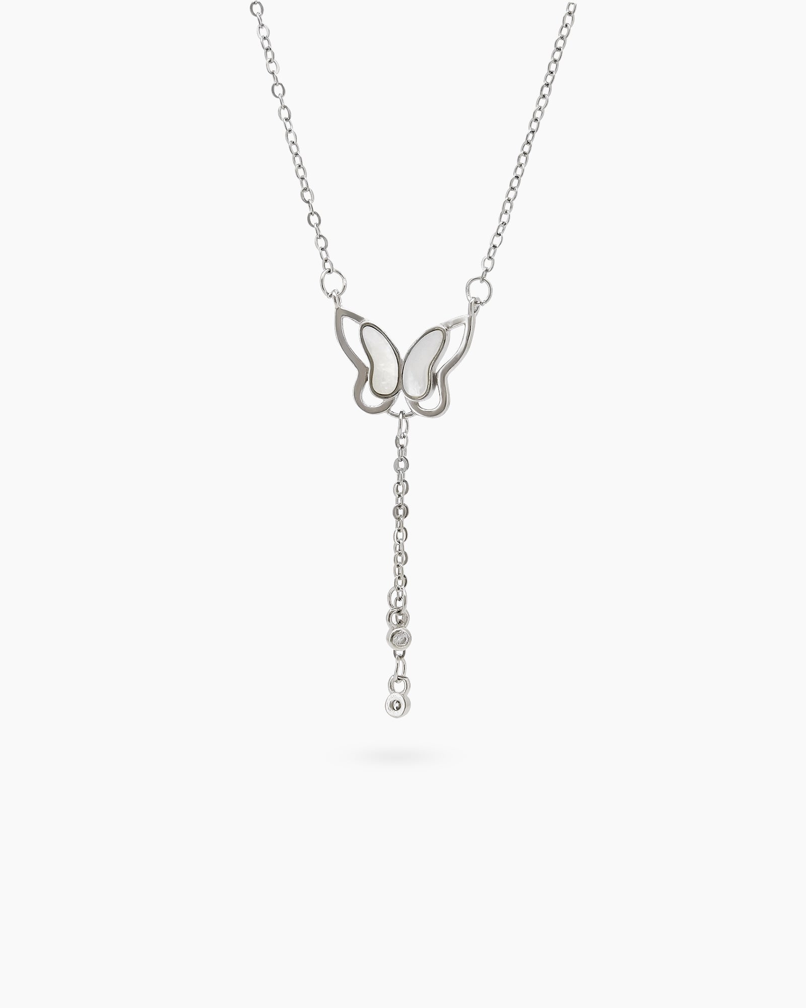 A silver-tone necklace with a double-layer butterfly pendant, mother-of-pearl inlay, and two chain drops