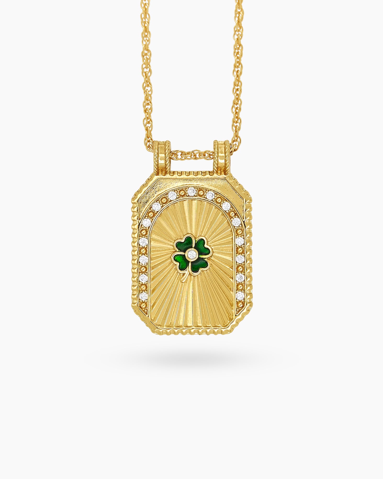 A keepsake-style necklace with a sculpted Green Clover pendant and sunbeam detailing on a twisted chain