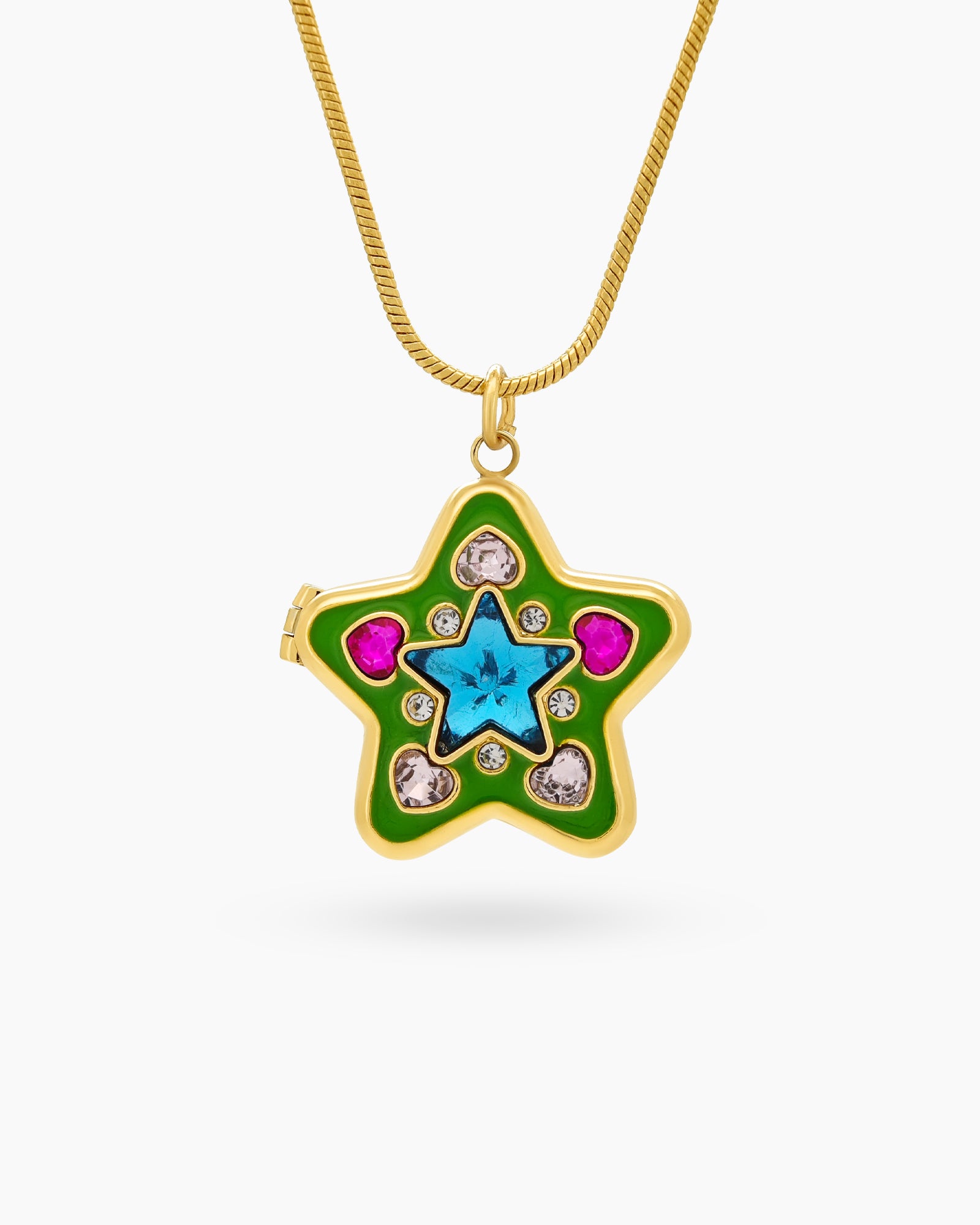 A green five-point star locket outlined in glossy enamel, studded with glistening zircons and a large center gem