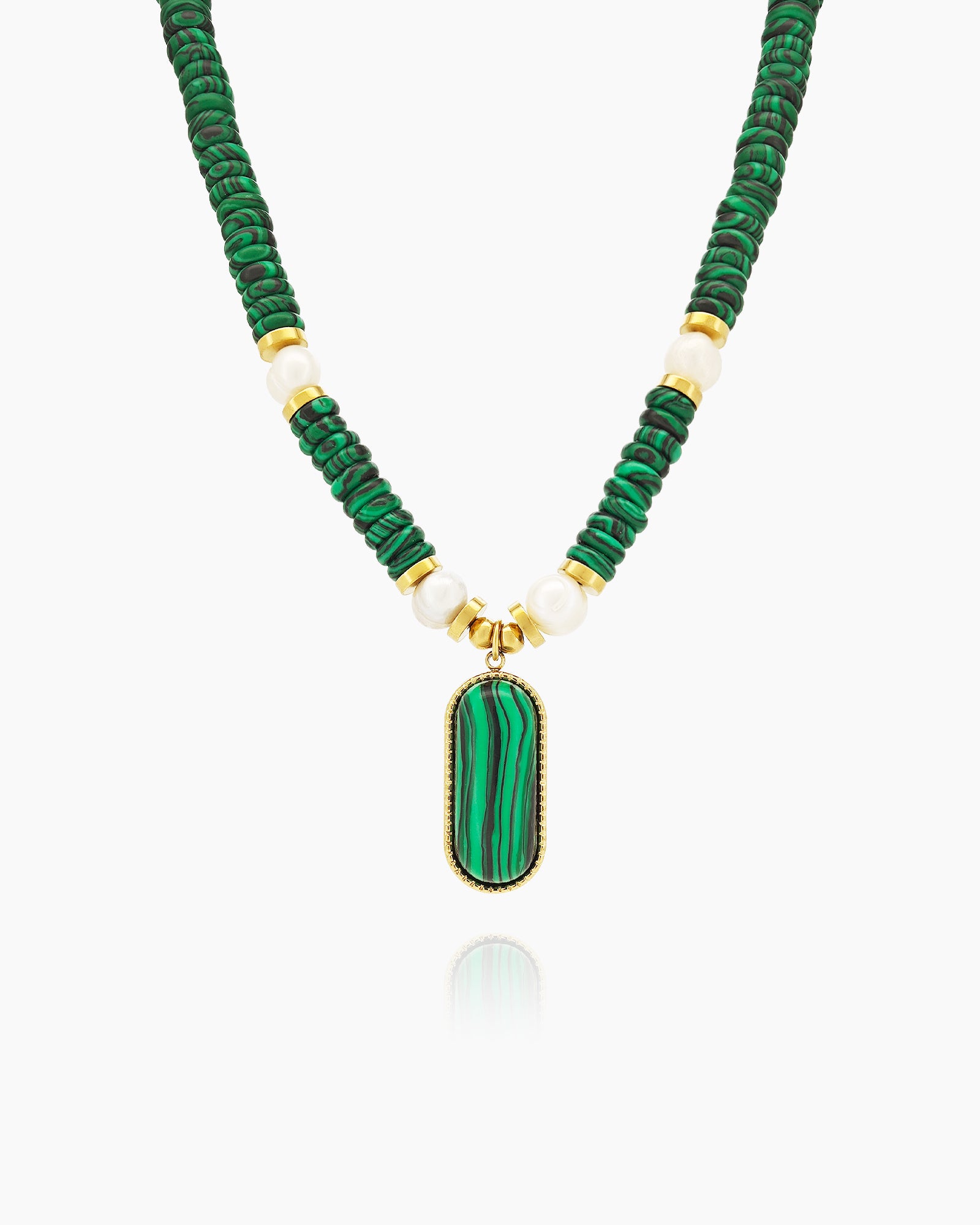 A necklace of rich green disc beads with a rectangular malachite stone pendant framed in gold-tone metal