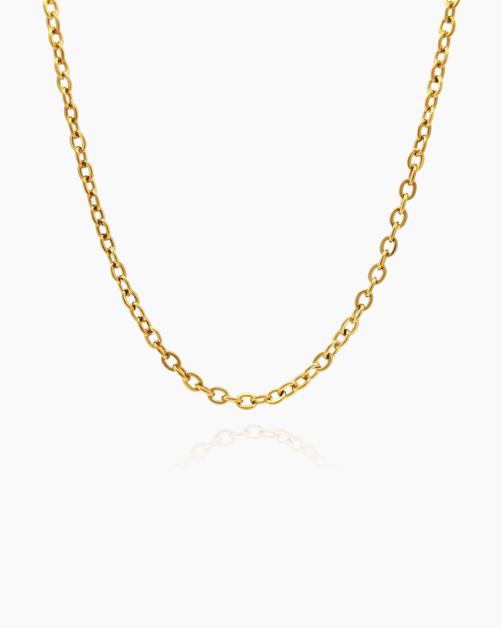 A necklace with delicate, elongated links in a polished gold-tone finish for a minimalist look