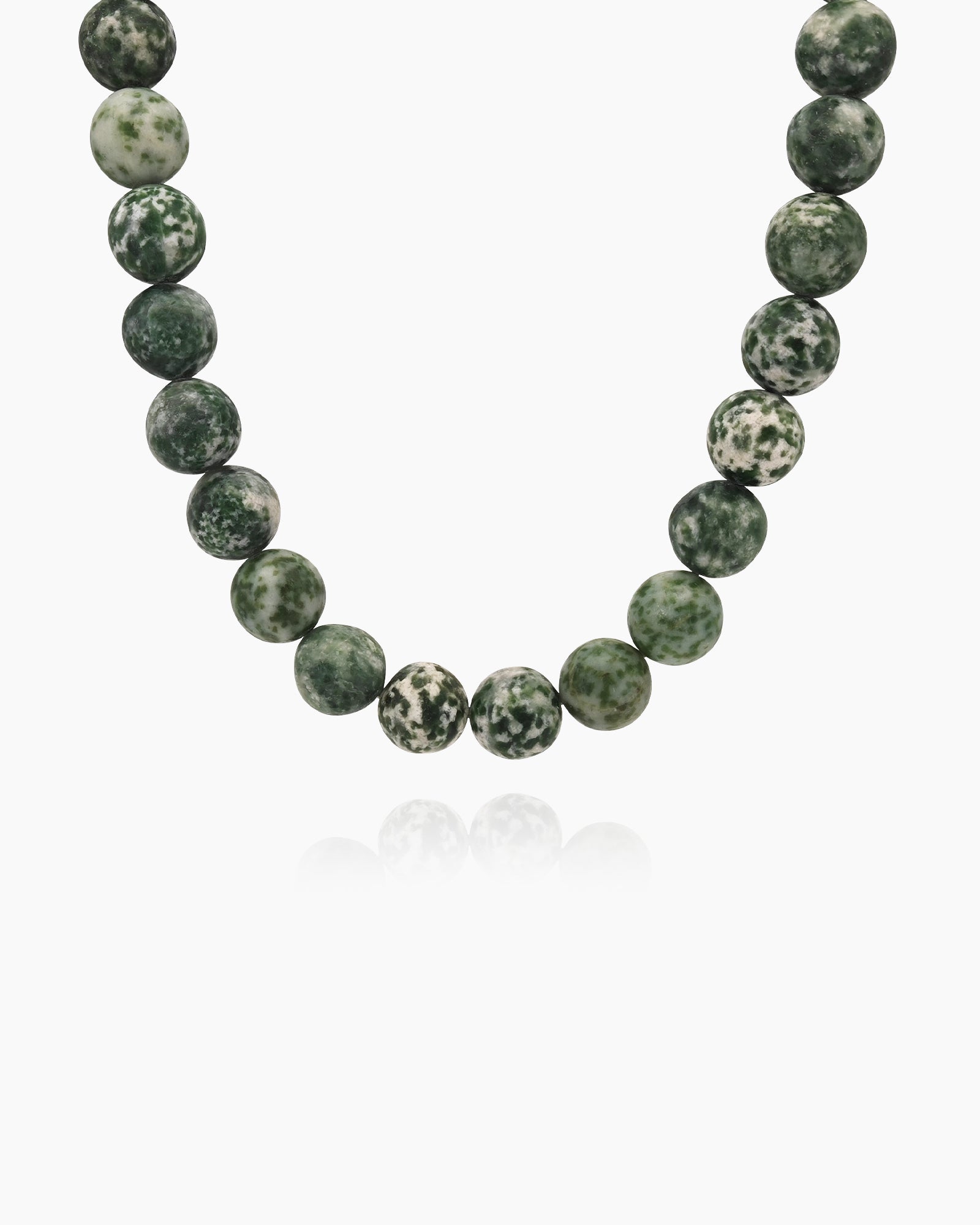 A hand-strung necklace of natural green jasper beads with soft, marbled tones for a grounded, elegant look