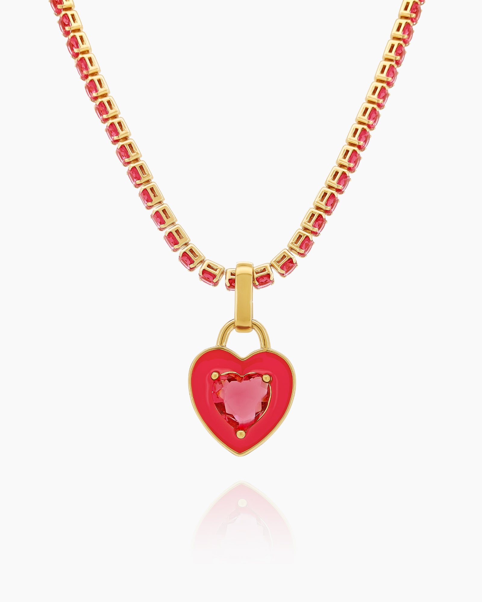 A rose-red tennis necklace with a full strand of zircon stones and an enamel heart charm with a center stone