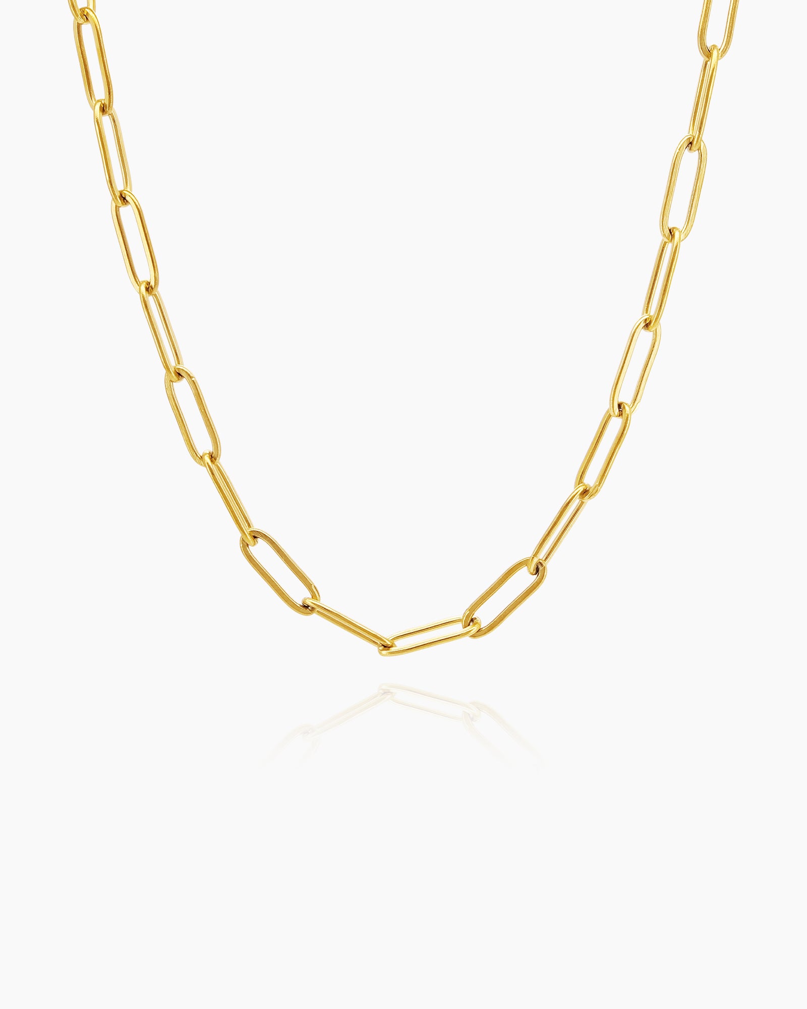 A staple necklace with elongated rectangular links and a high-shine gold tone for understated glamour