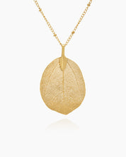 A gold necklace with a delicate leaf pendant featuring intricate vein patterns on a slim, textured chain