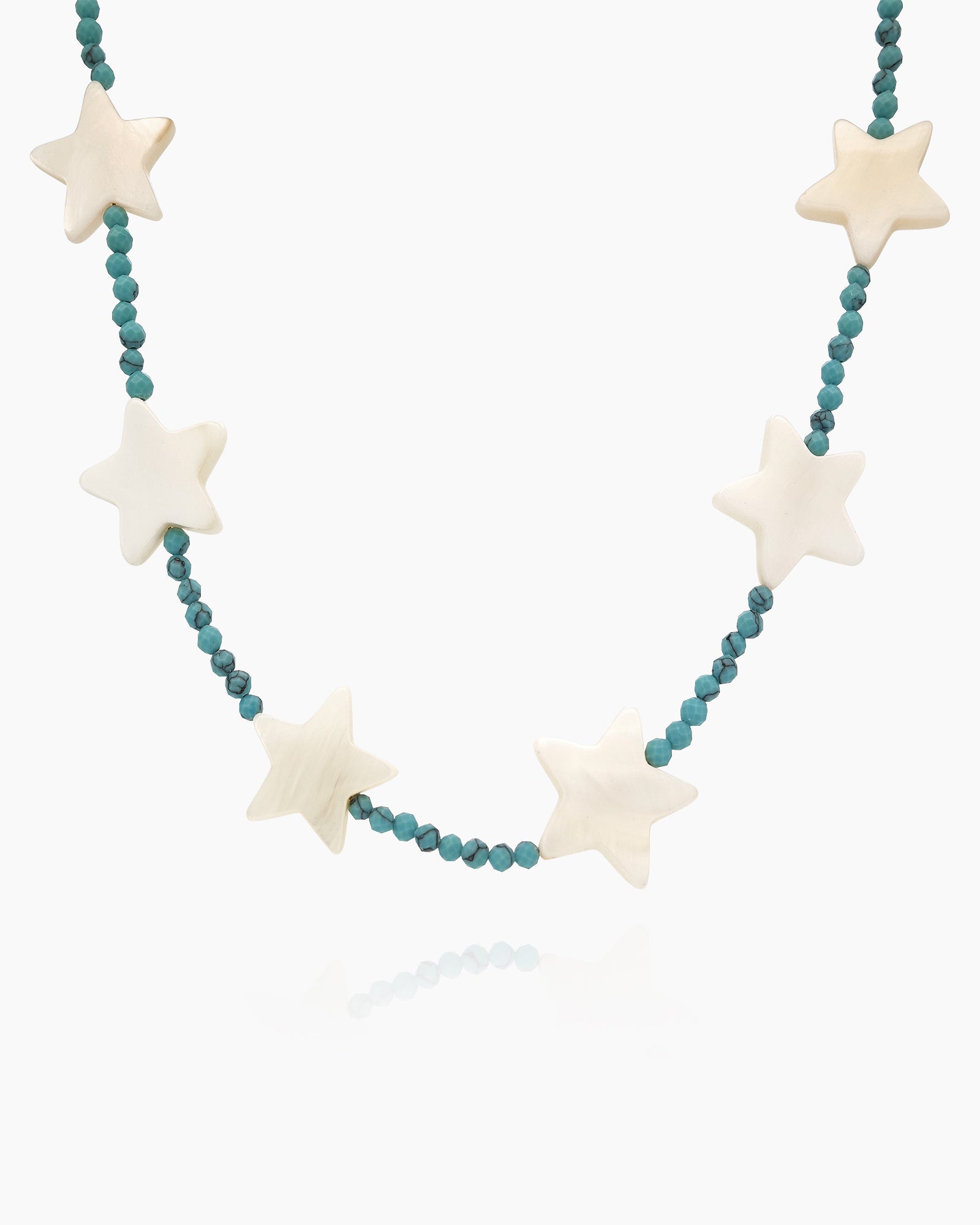 A necklace of mother-of-pearl stars strung along vibrant turquoise seed beads for a cosmic charm