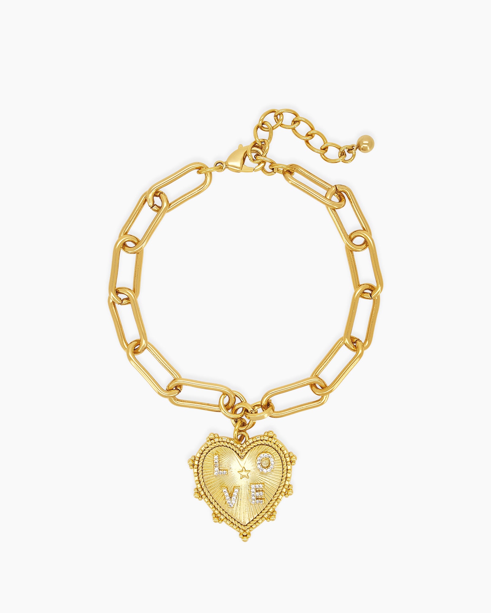 A paperclip chain bracelet with a radiant, textured heart pendant engraved with the word "love"
