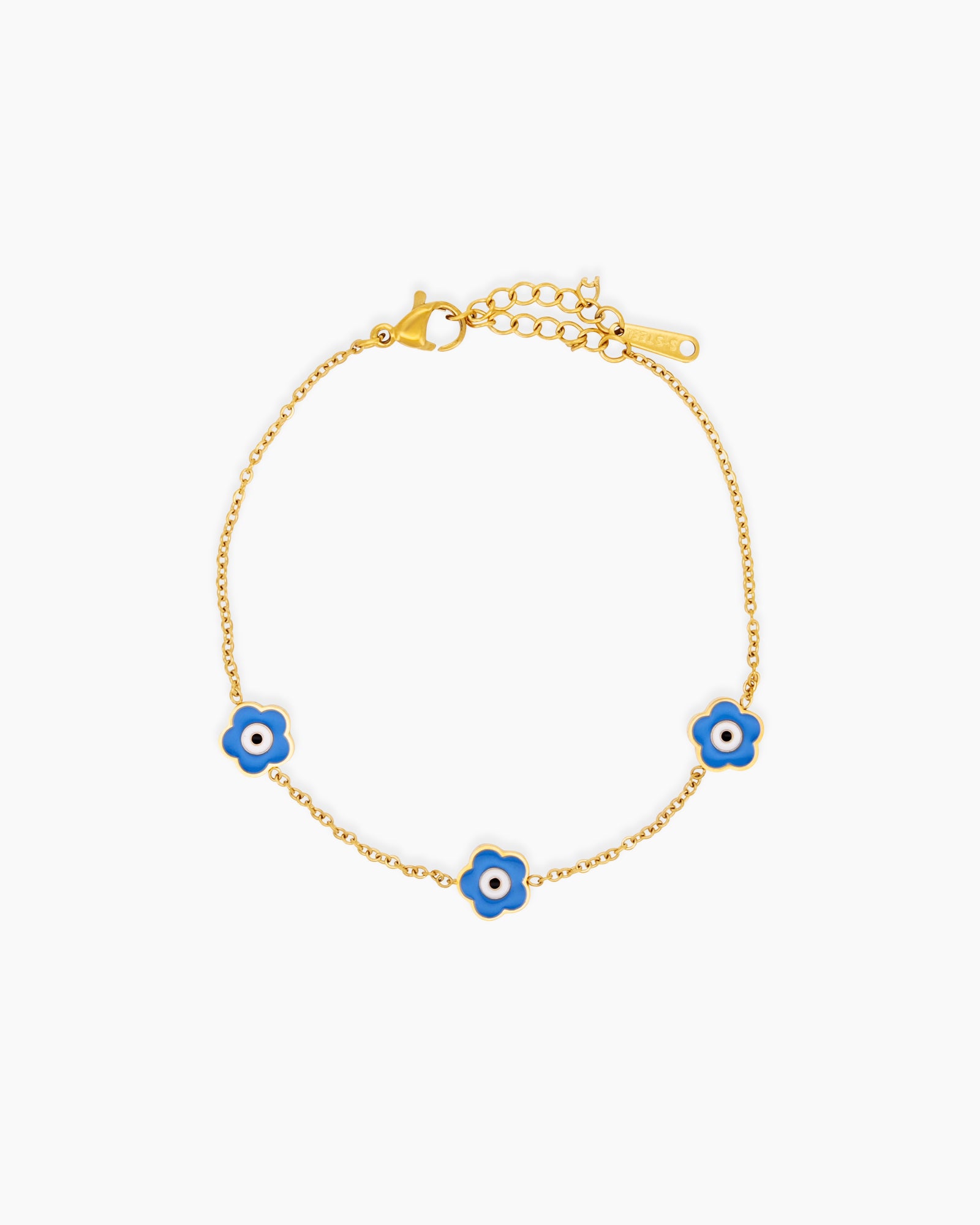 A light blue bracelet with a delicate gold-tone chain adorned with a glossy enamel daisy
