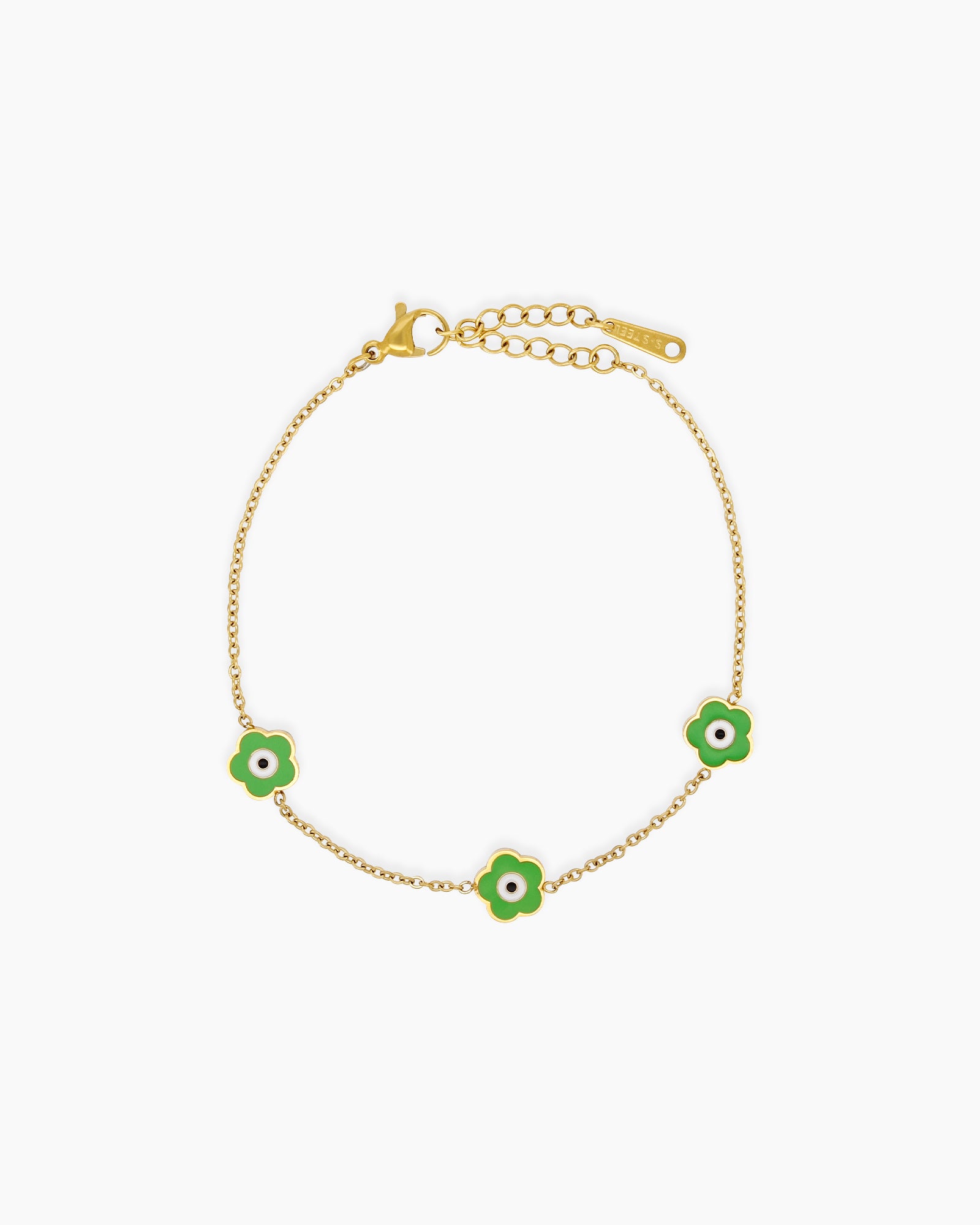 A light-green bracelet with a delicate gold-tone chain adorned with a glossy enamel daisy