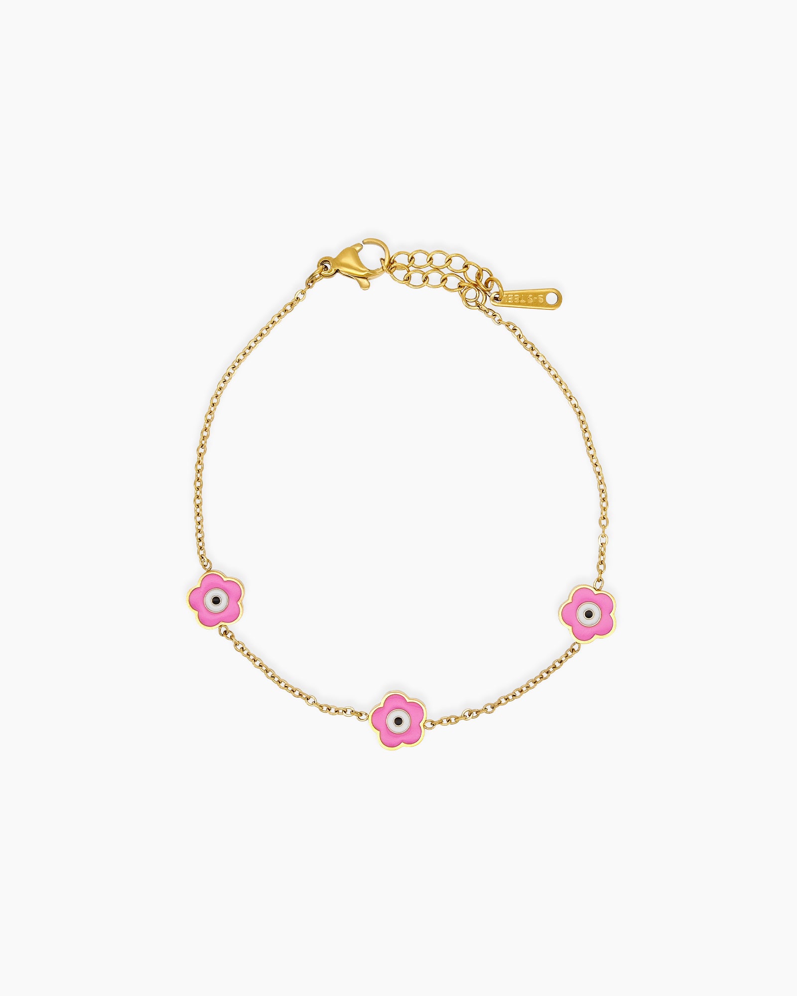 A pink bracelet with a delicate gold-tone chain adorned with a glossy enamel daisy