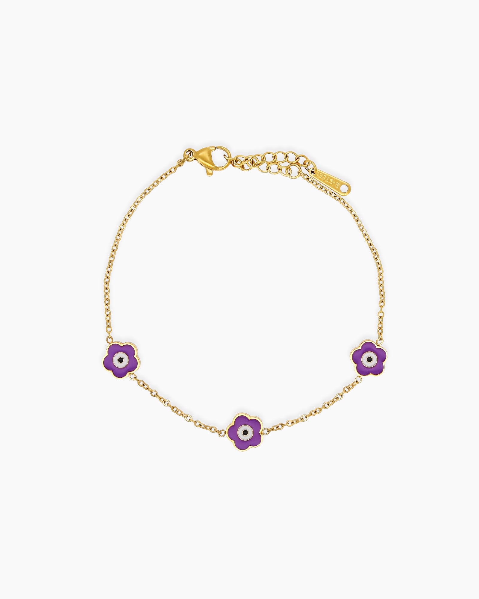 A purple bracelet with a delicate gold-tone chain adorned with a glossy enamel daisy