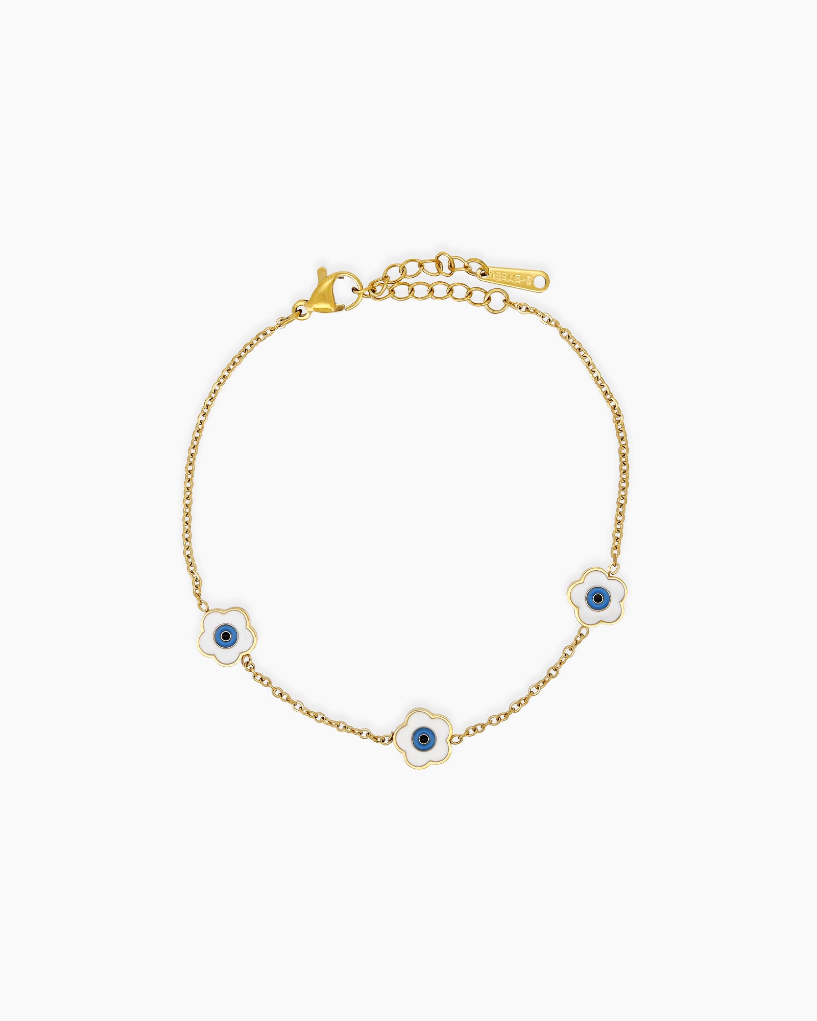 A white bracelet with a delicate gold-tone chain adorned with a glossy enamel daisy