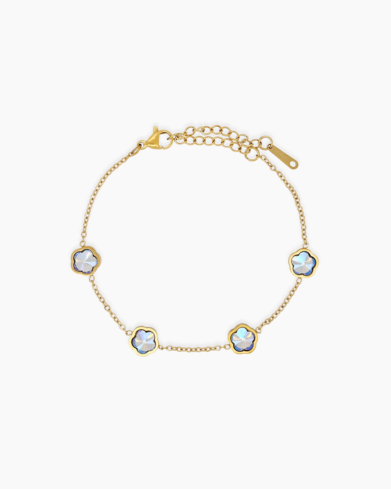 A Flower bracelet with luminous stones that shift between pink, purple, and blue tones on a fine gold chain