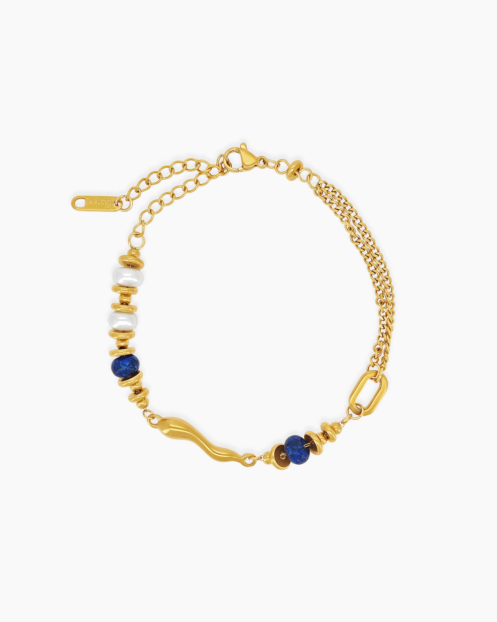 An eclectic bracelet with a mix of glossy gold beads, luminous pearls, and rich lapis lazuli stones