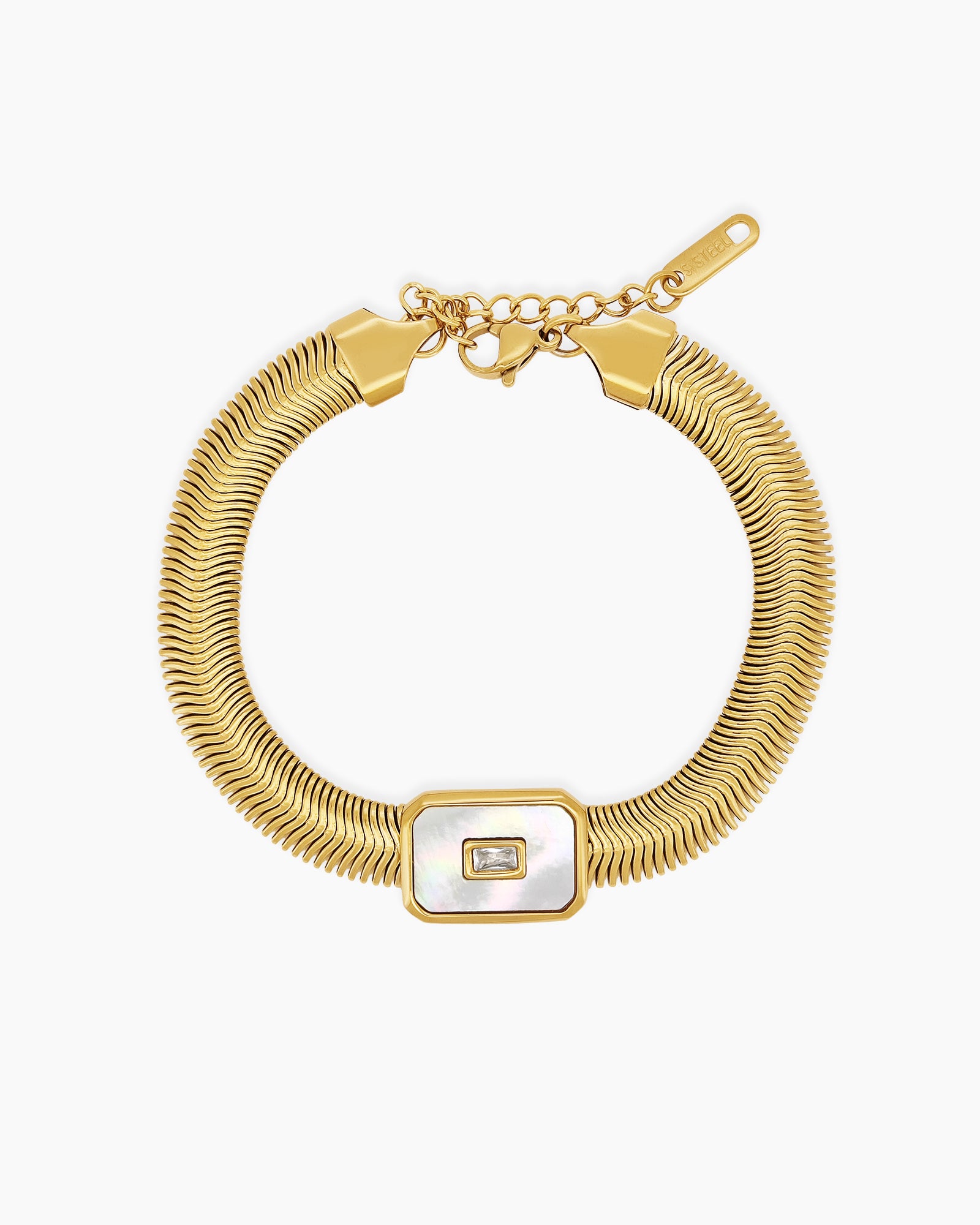 A white bracelet with a bold gold-tone snake chain and a rectangular mother-of-pearl charm