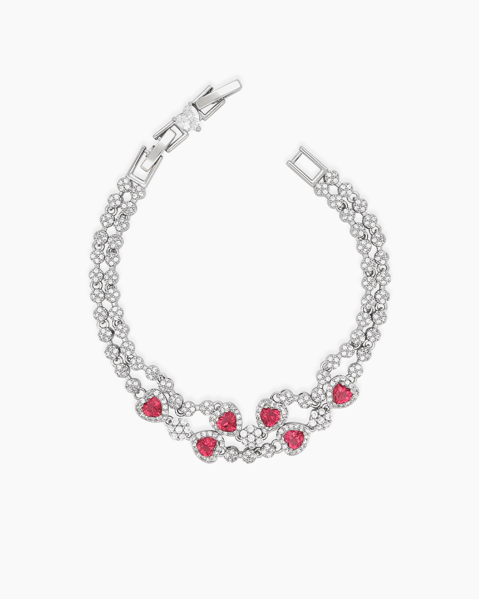 A radiant red vintage-style bracelet with two rows of zircons and five haloed heart-shaped centerpieces