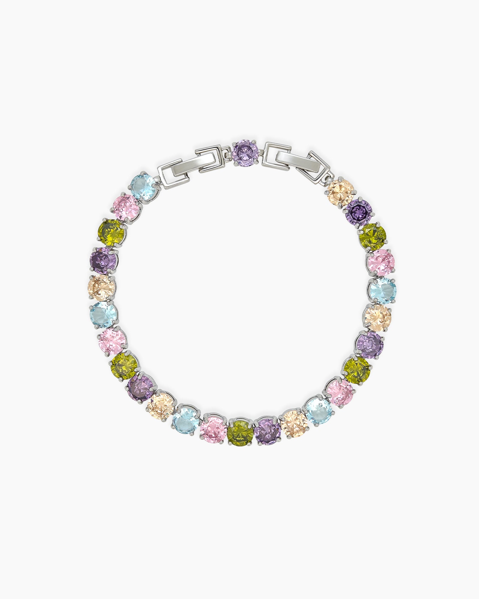 A tennis bracelet with a cheerful array of round-cut zircons in soft pastel shades and a sleek silver frame