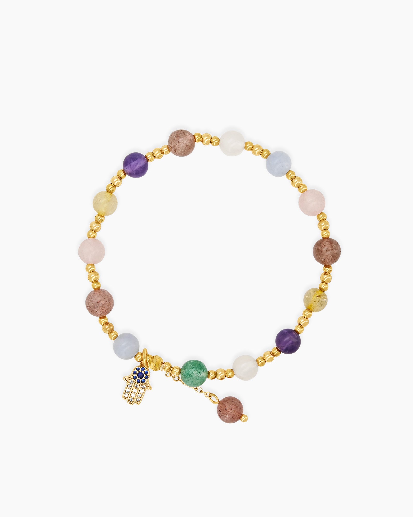 A stretch-fit bracelet with a radiant mix of multicolored crystal beads and a delicate Hamsa charm