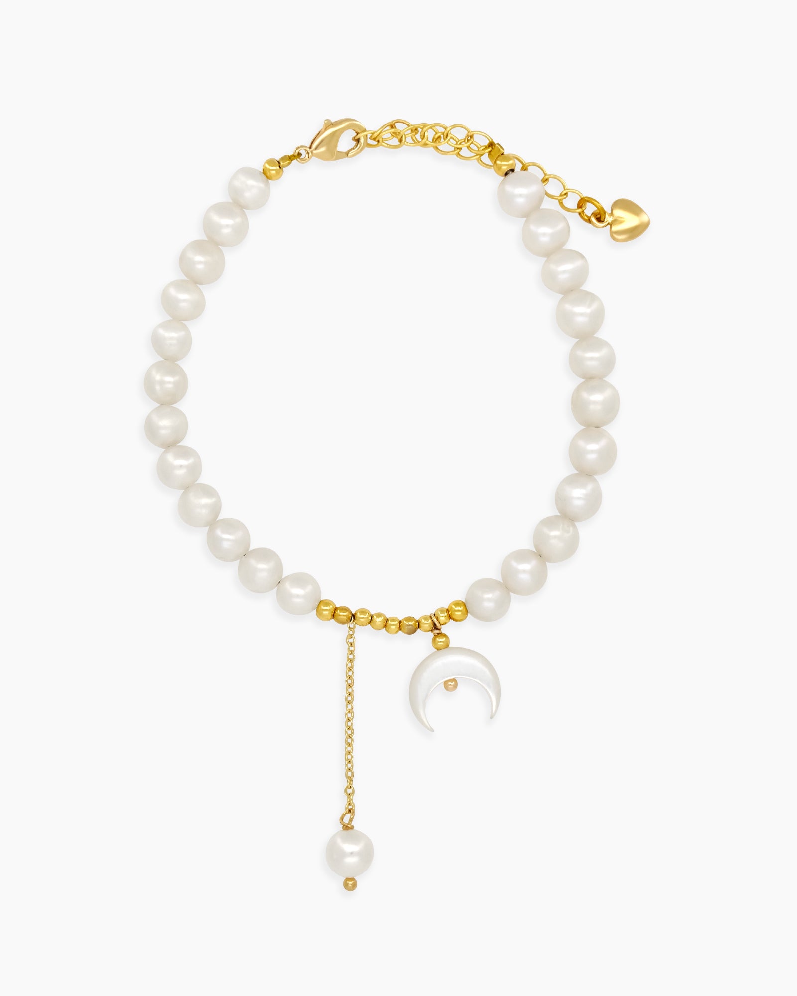A bracelet with a row of freshwater pearls, a mother-of-pearl crescent moon charm, and a fine gold chain