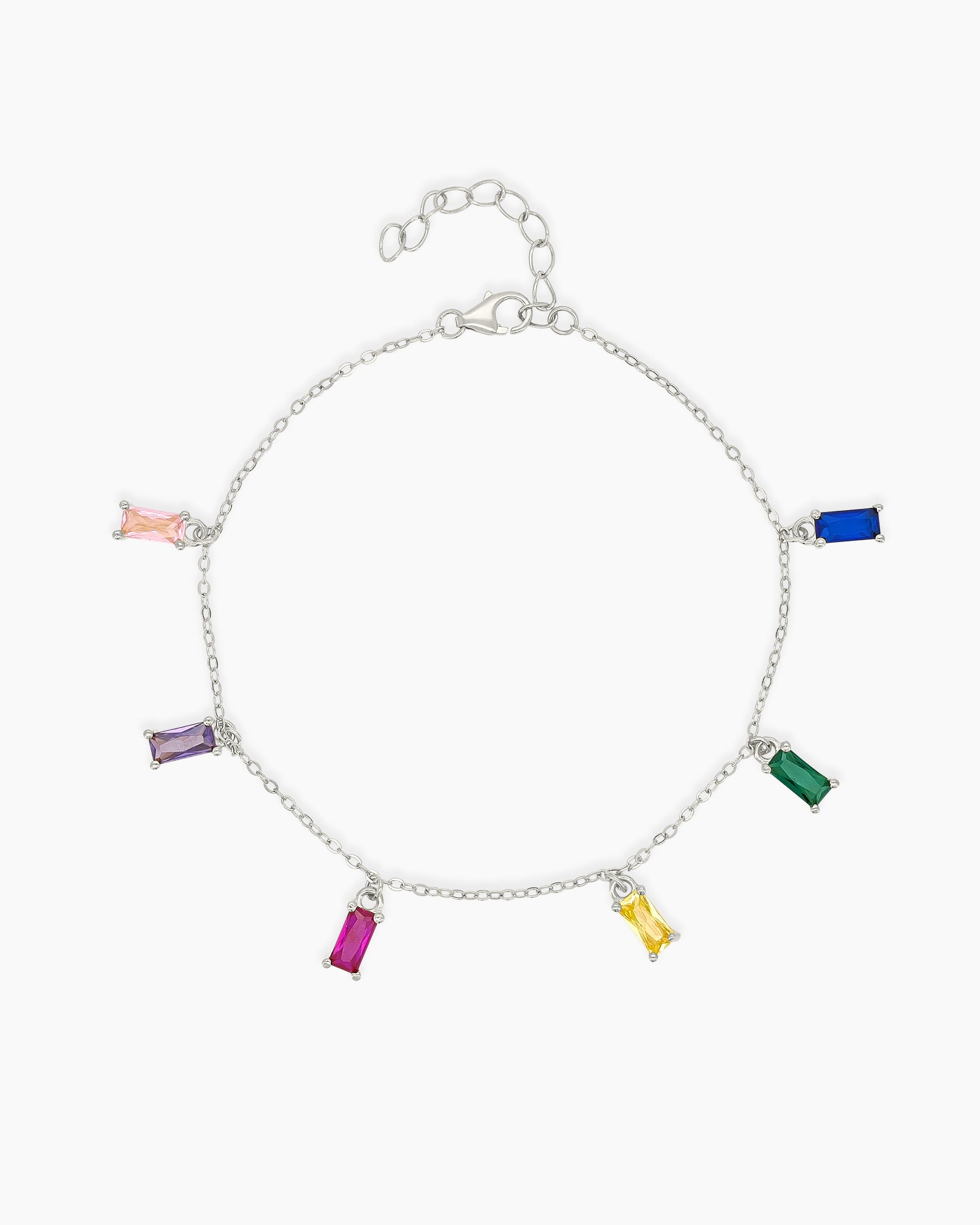A silver bracelet with six multicolored zircon baguette-cut charms suspended on a delicate chain