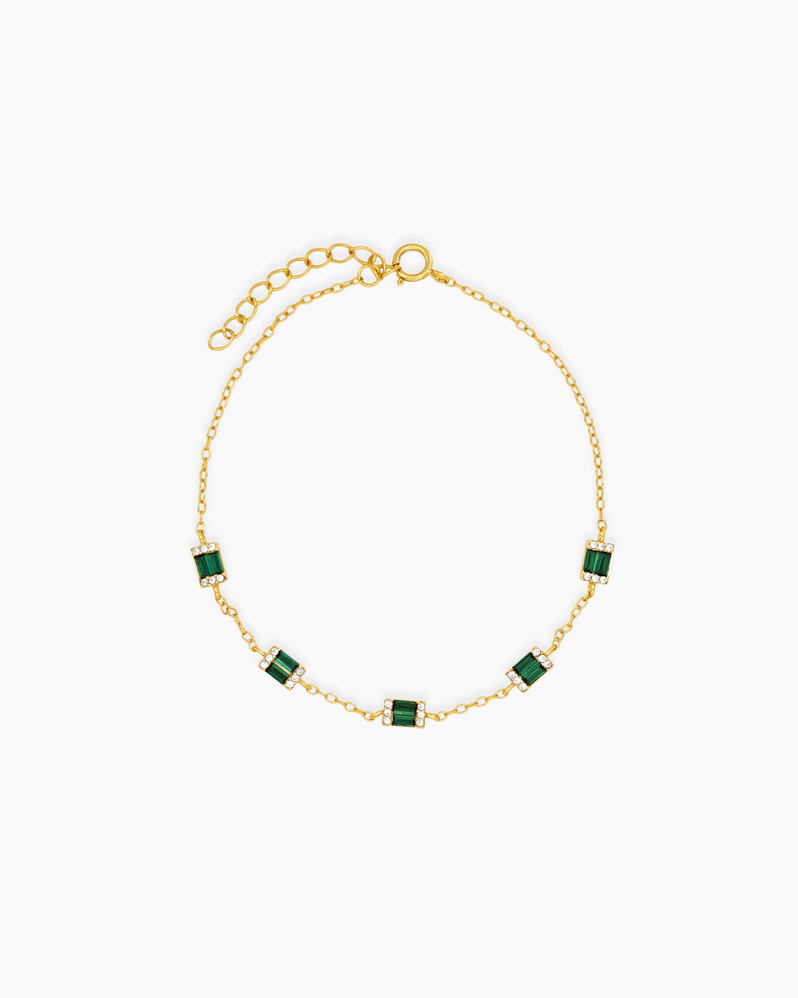 A 925 sterling silver bracelet with five radiant green baguette-cut zircon stones between dainty gold links