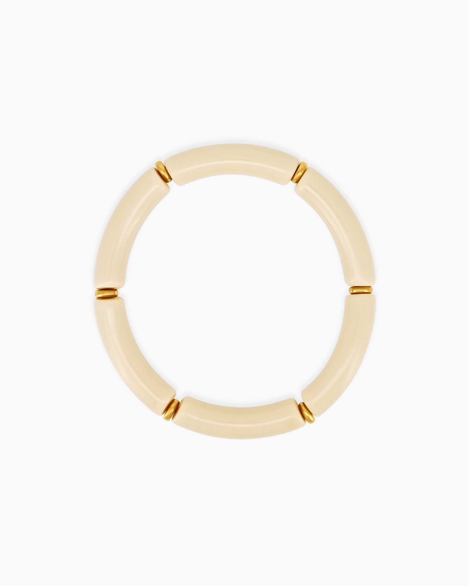 A playful beige bangle with smooth, curved acrylic segments and delicate golden connectors