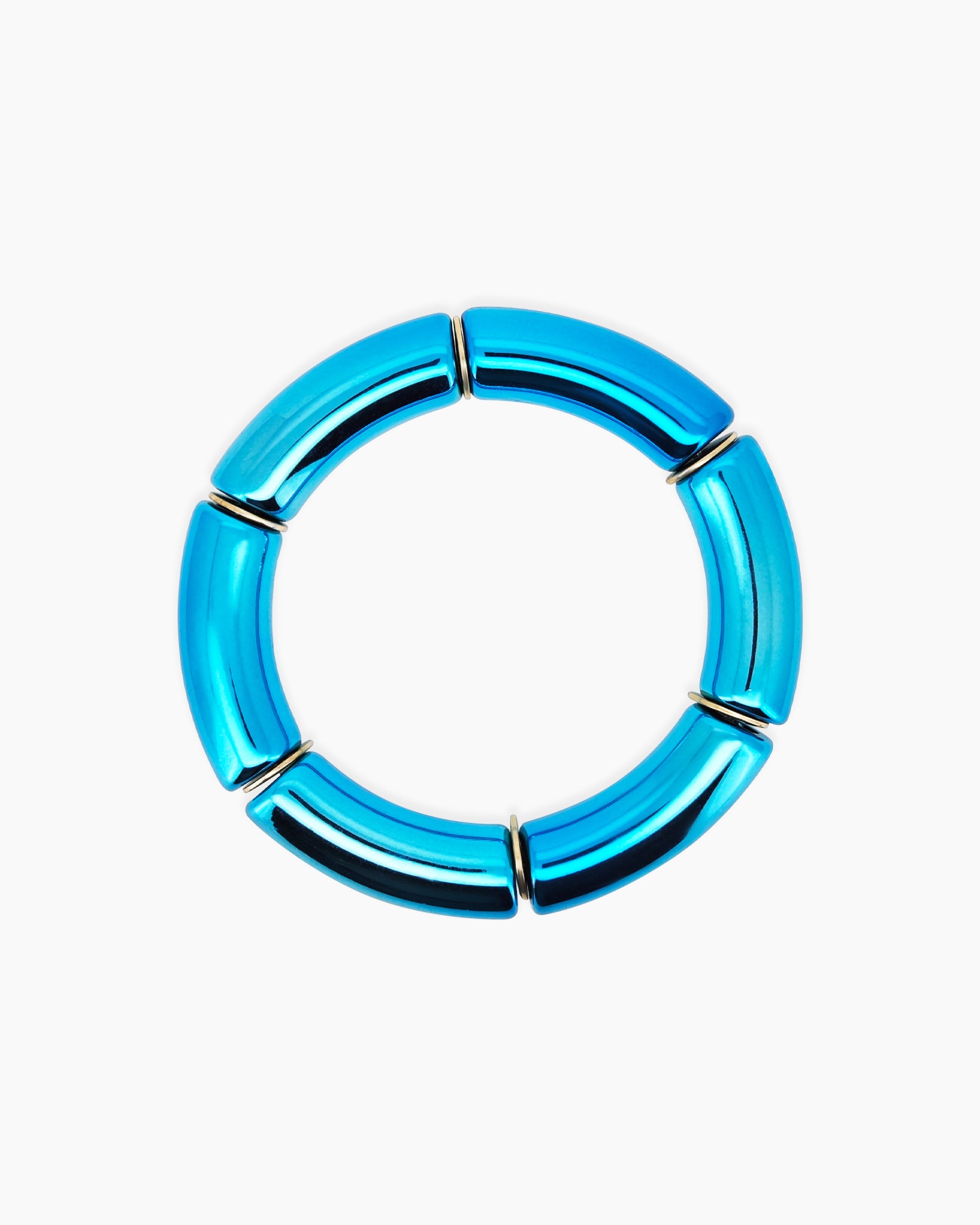 A radiant blue bangle with a sleek tubular silhouette and a high-shine metallic finish