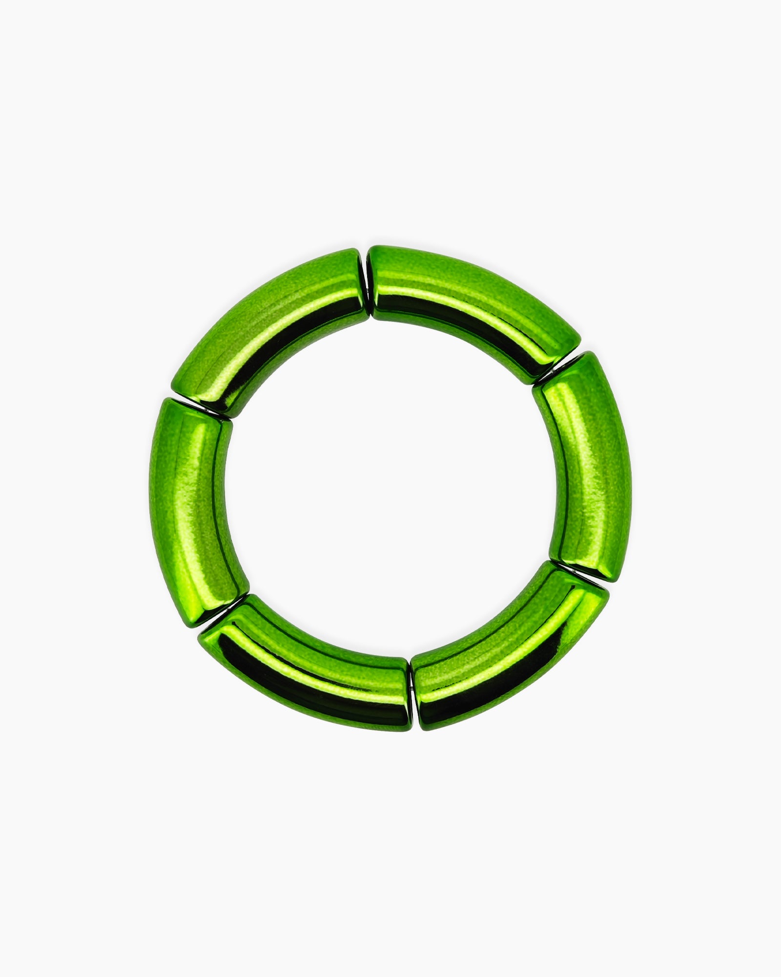 A radiant green bangle with a sleek tubular silhouette and a high-shine metallic finish