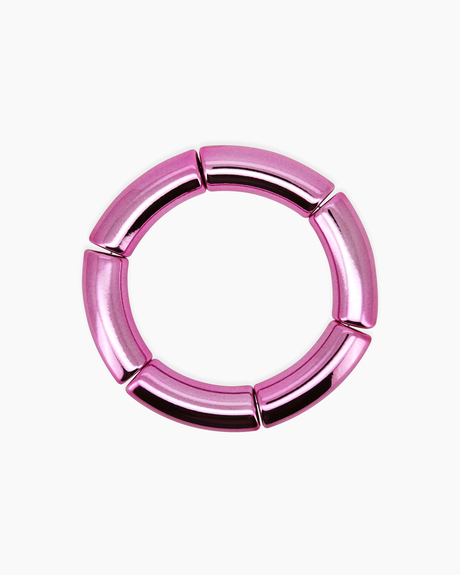 A radiant pink bangle with a sleek tubular silhouette and a high-shine metallic finish