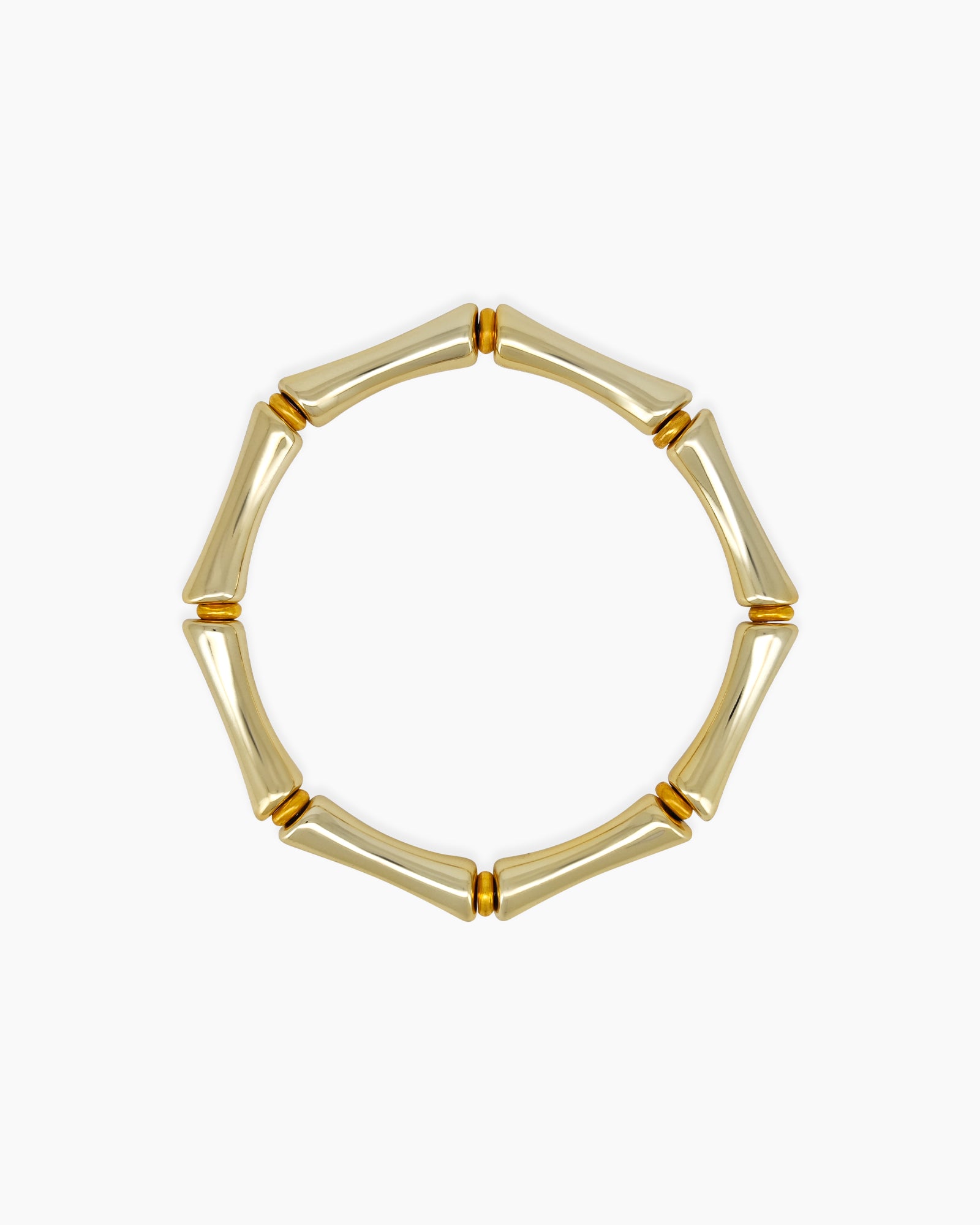 A bracelet made from curved, high-shine links that fit together for a modern, structured look