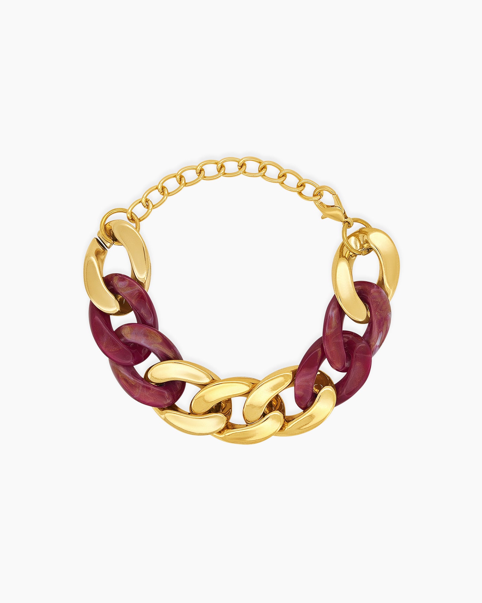 A bold burgundy bracelet with chunky marbled acrylic links intertwined with high-shine gold-tone metal